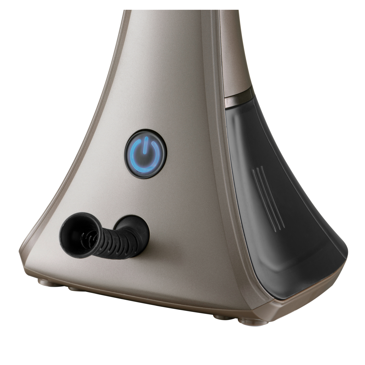 Close-up of a steam device. The device is taupe and black with a blue power button.