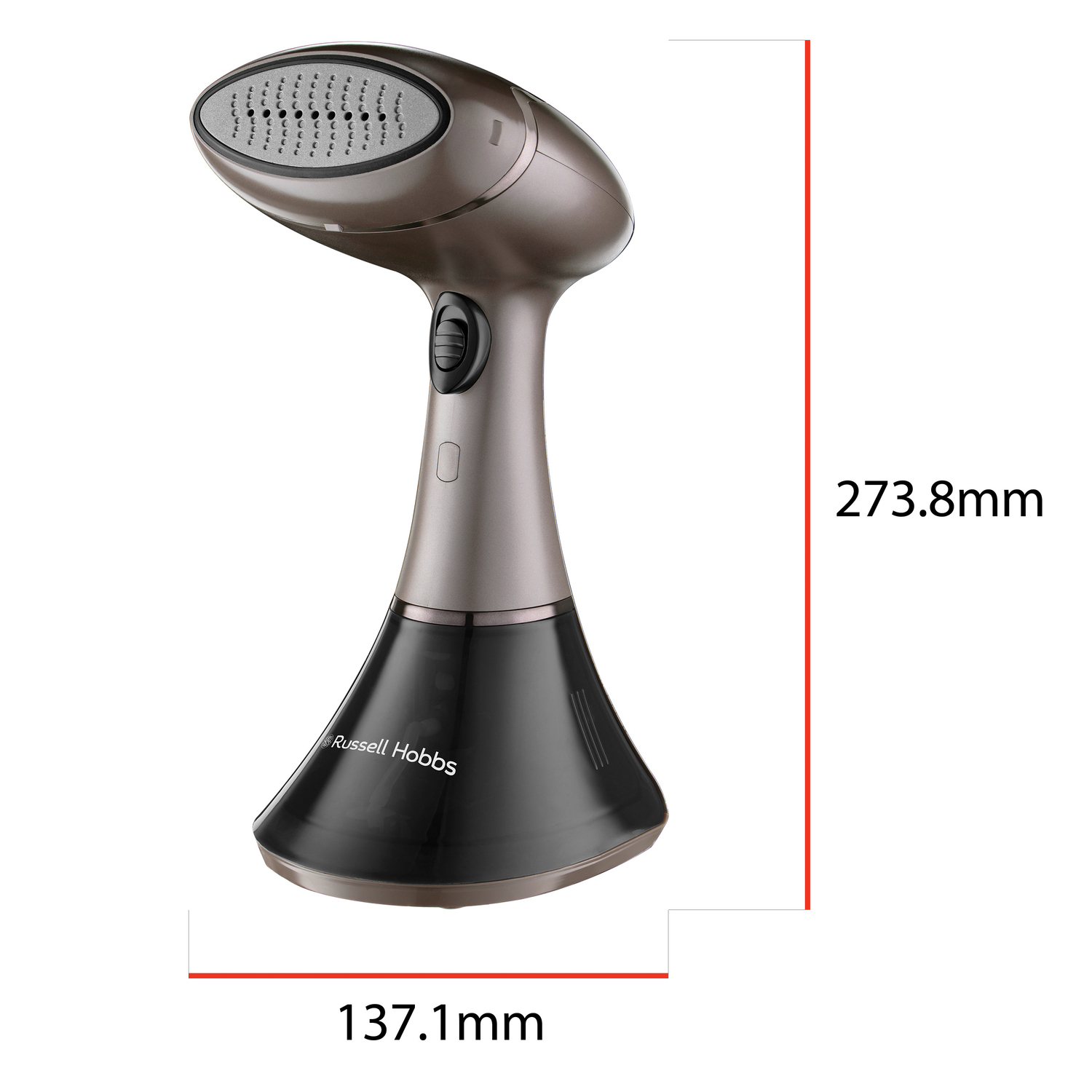 A brown and black hand-held garment steamer with dimension measurements.