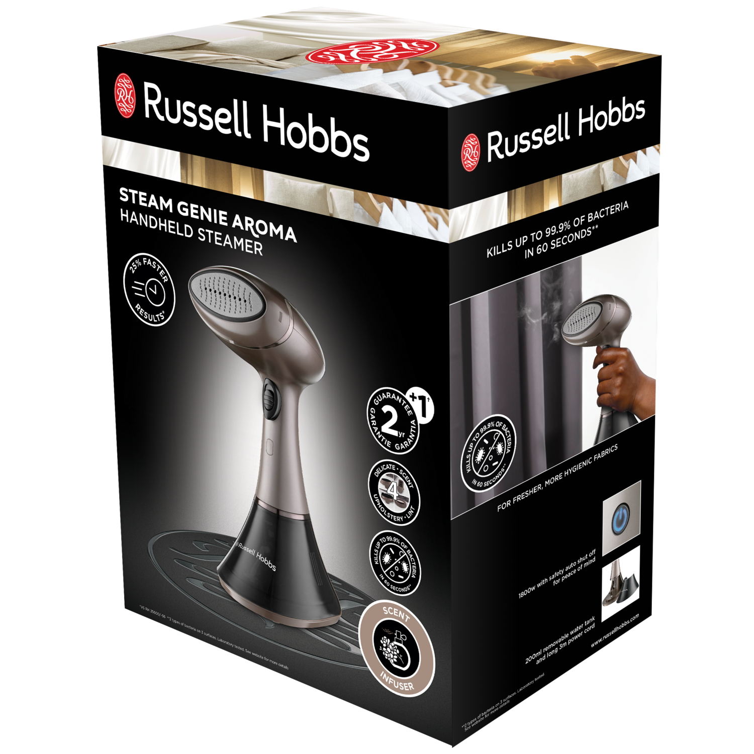 Russell Hobbs Steam Genie aroma handheld steamer box. It is black and brown with a white background.