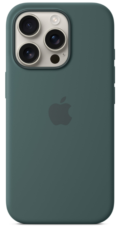 Zielone etui na iPhone'a z modułem kamery i logo Apple.