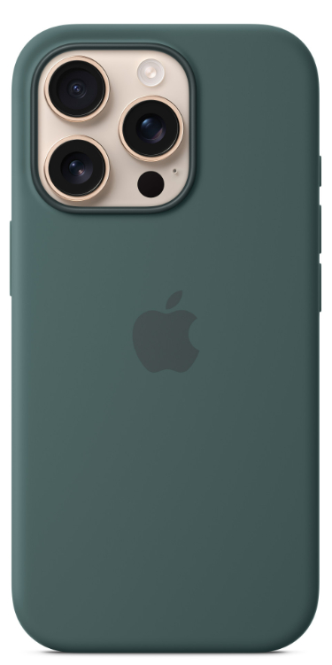 Zbliżenie zielonego etui na telefon. Etui ma trzy obiektywy aparatu i czarne logo Apple.