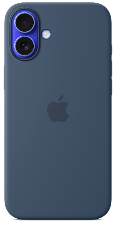 Tył ciemnoniebieskiego telefonu z logo Apple. Podwójne kamery w lewym górnym rogu. Białe tło.