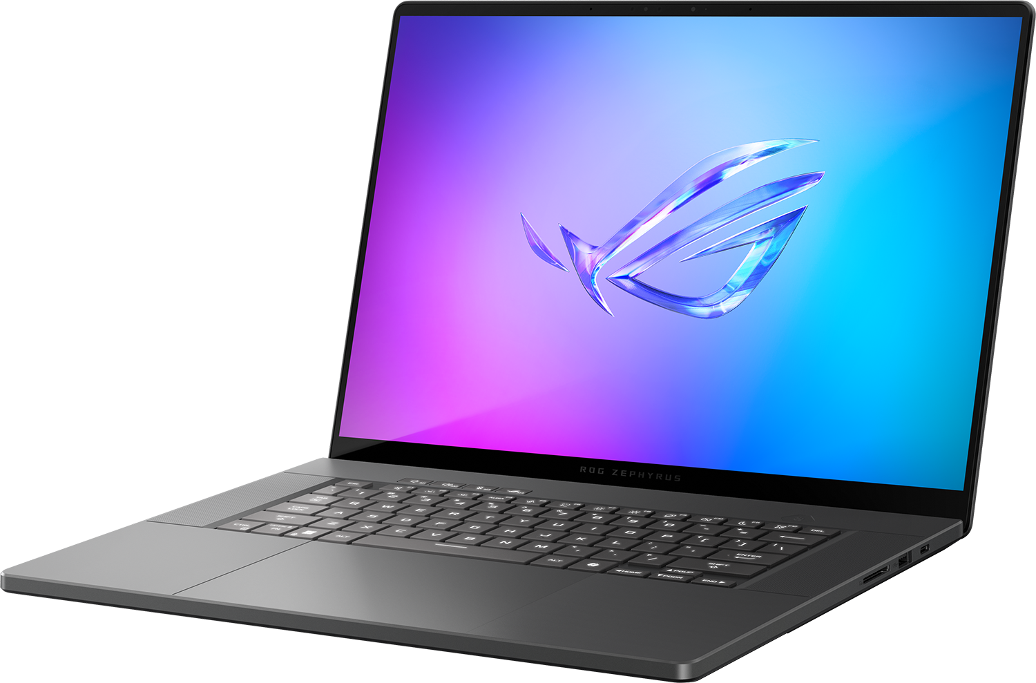 Egy laptop, nyitva, stilizált logót jelenít meg a képernyőn. A laptop sötétszürke.