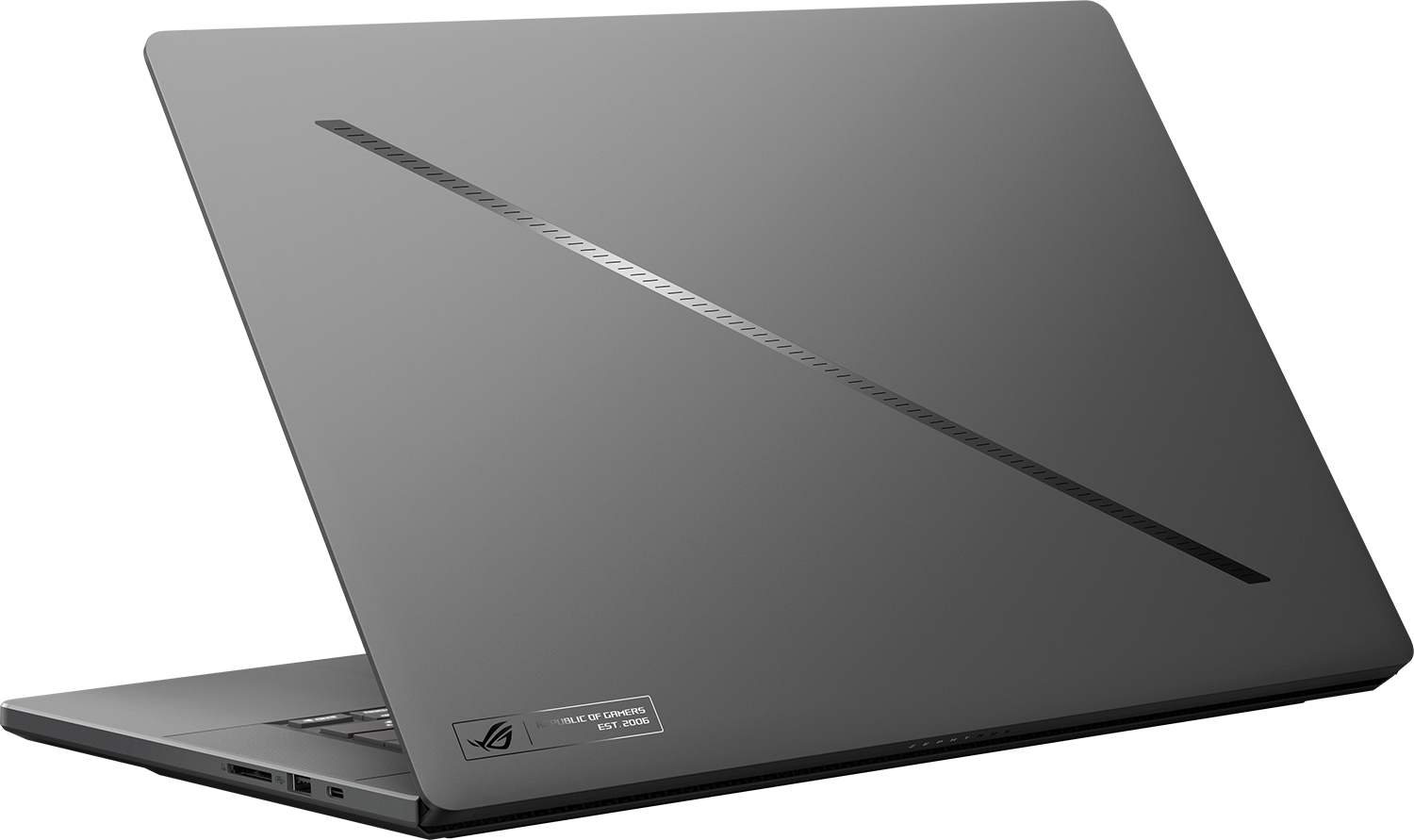Szürke laptop, hátulnézet. Az ROG logó látható.