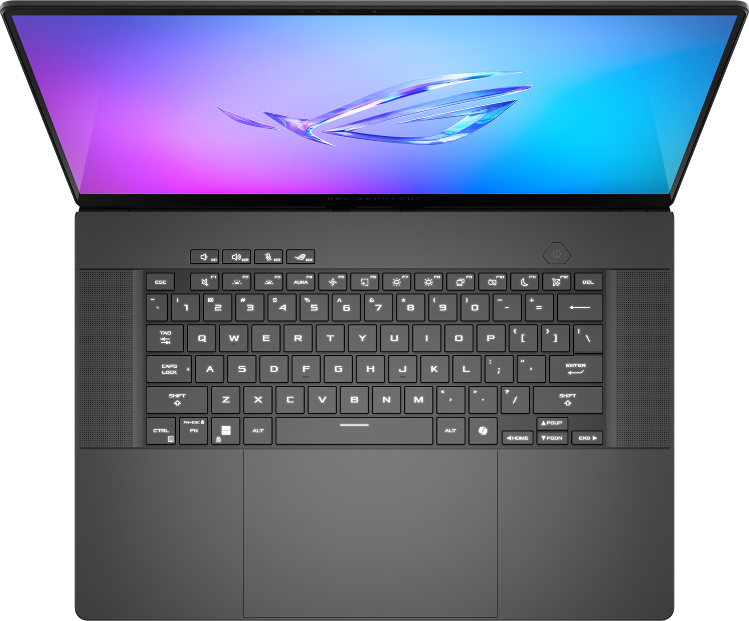 Fekete laptop felülnézete, megvilágított billentyűzettel és színes képernyővel.