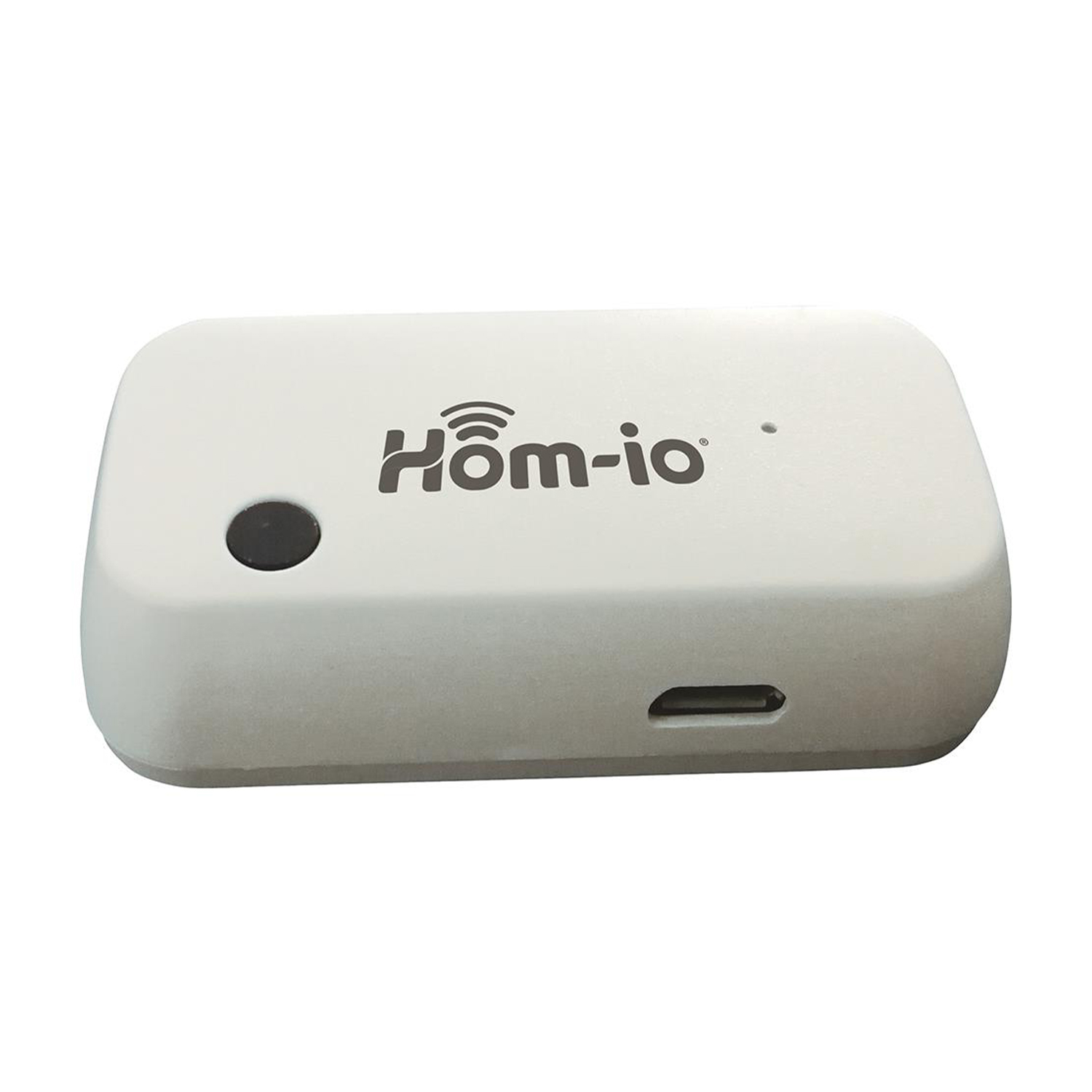 Un dispositivo Hom-io bianco. Il dispositivo è rettangolare, con un pulsante nero e il logo.