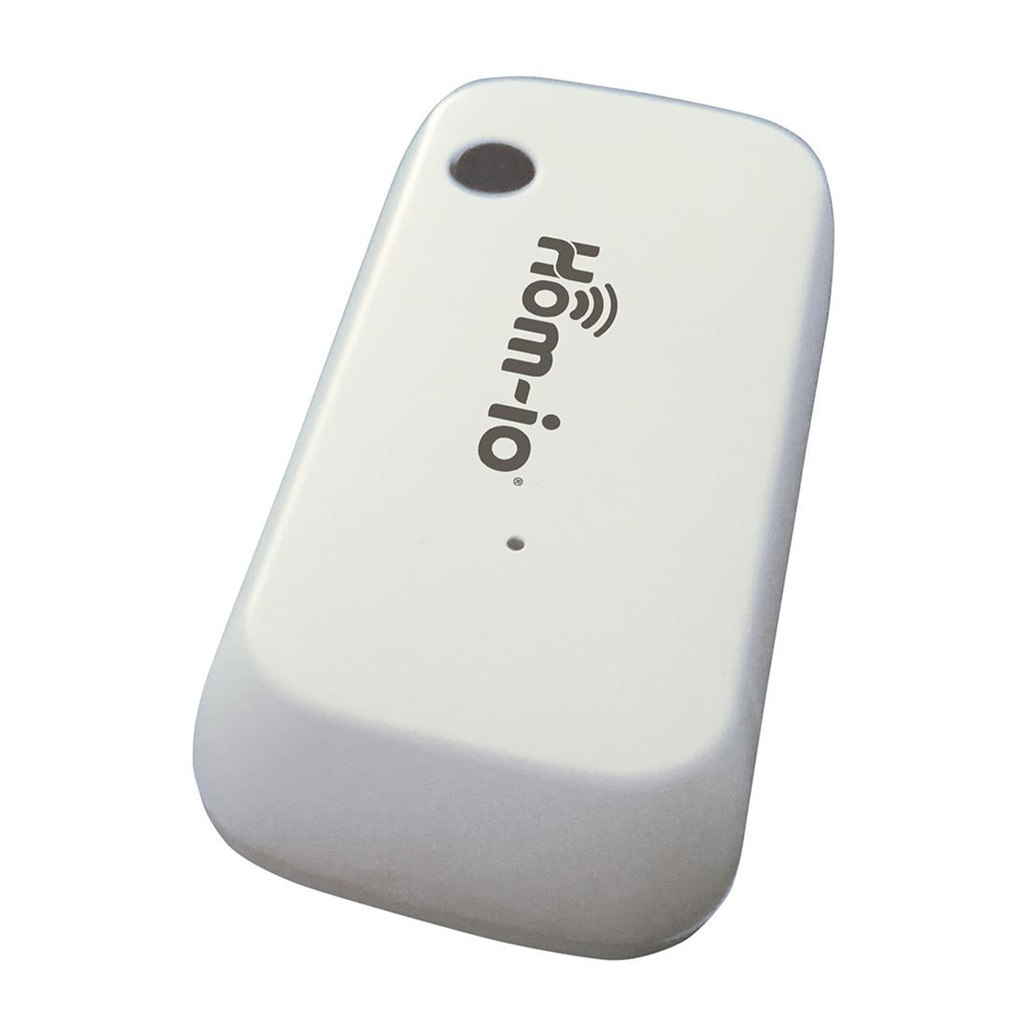 Portachiavi Hom-io bianco con logo, piccolo foro, su sfondo bianco.