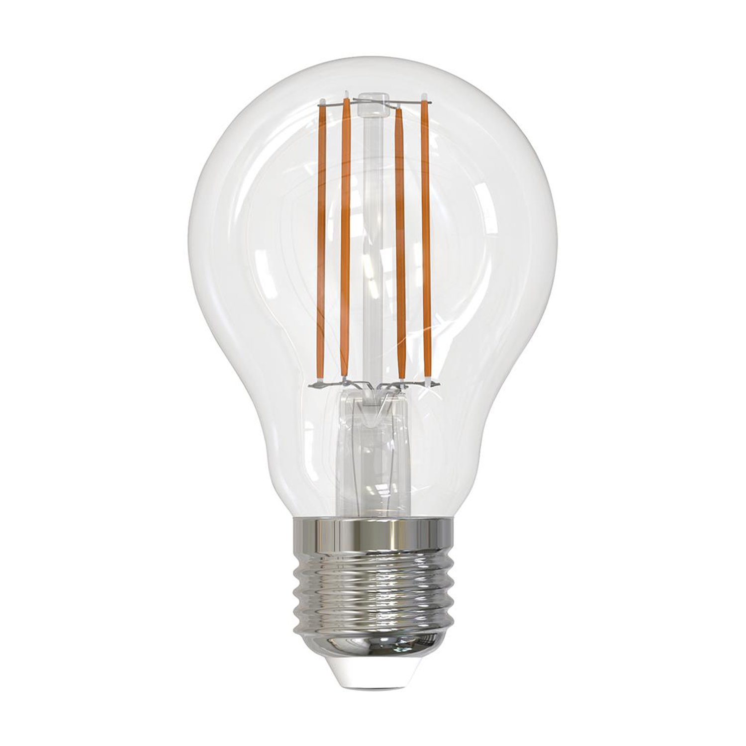 Lampadina in vetro trasparente con filamenti verticali arancioni e base argentata. Sfondo bianco.