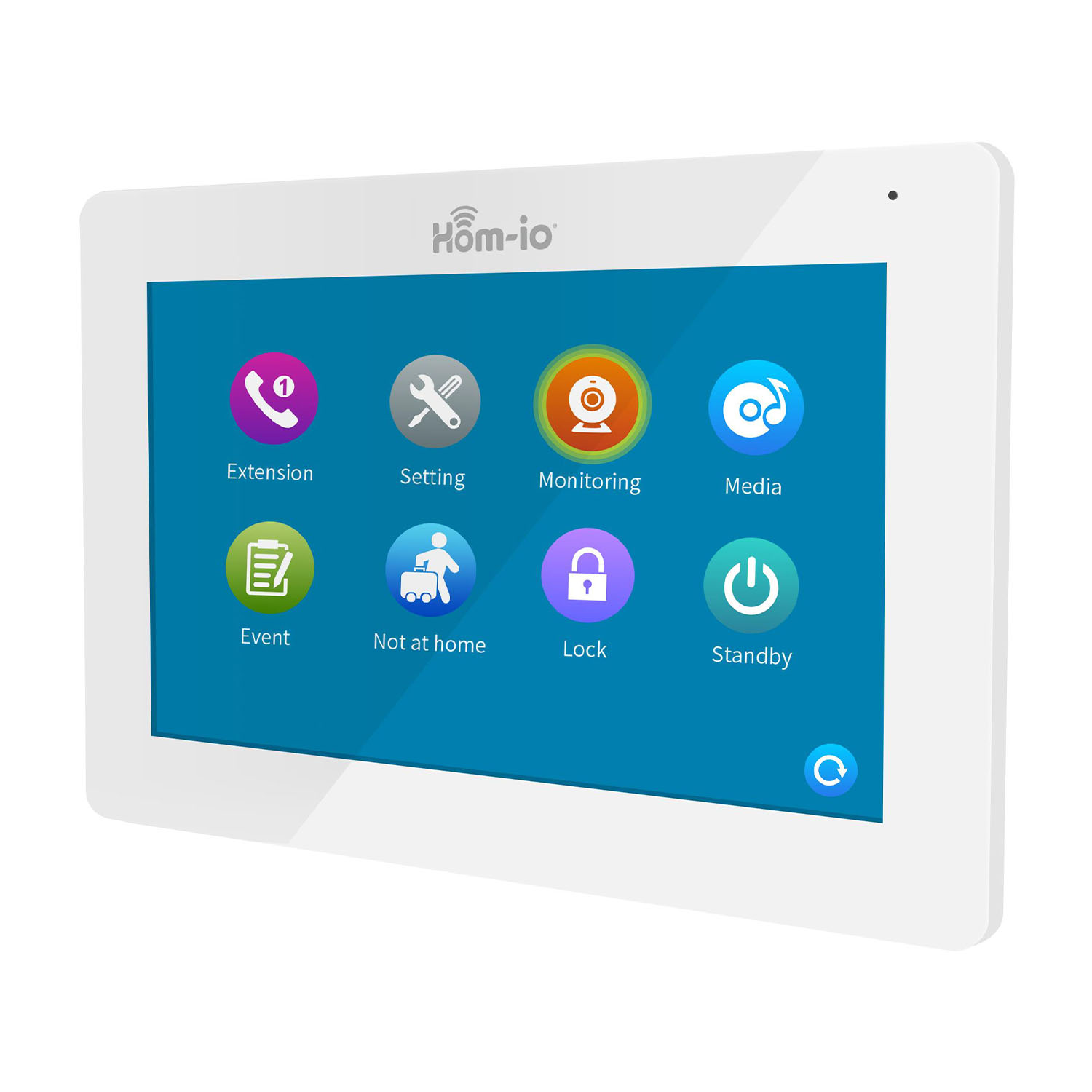 Pannello smart home bianco con icone per estensione, impostazioni, monitoraggio, media, evento, blocco, standby.