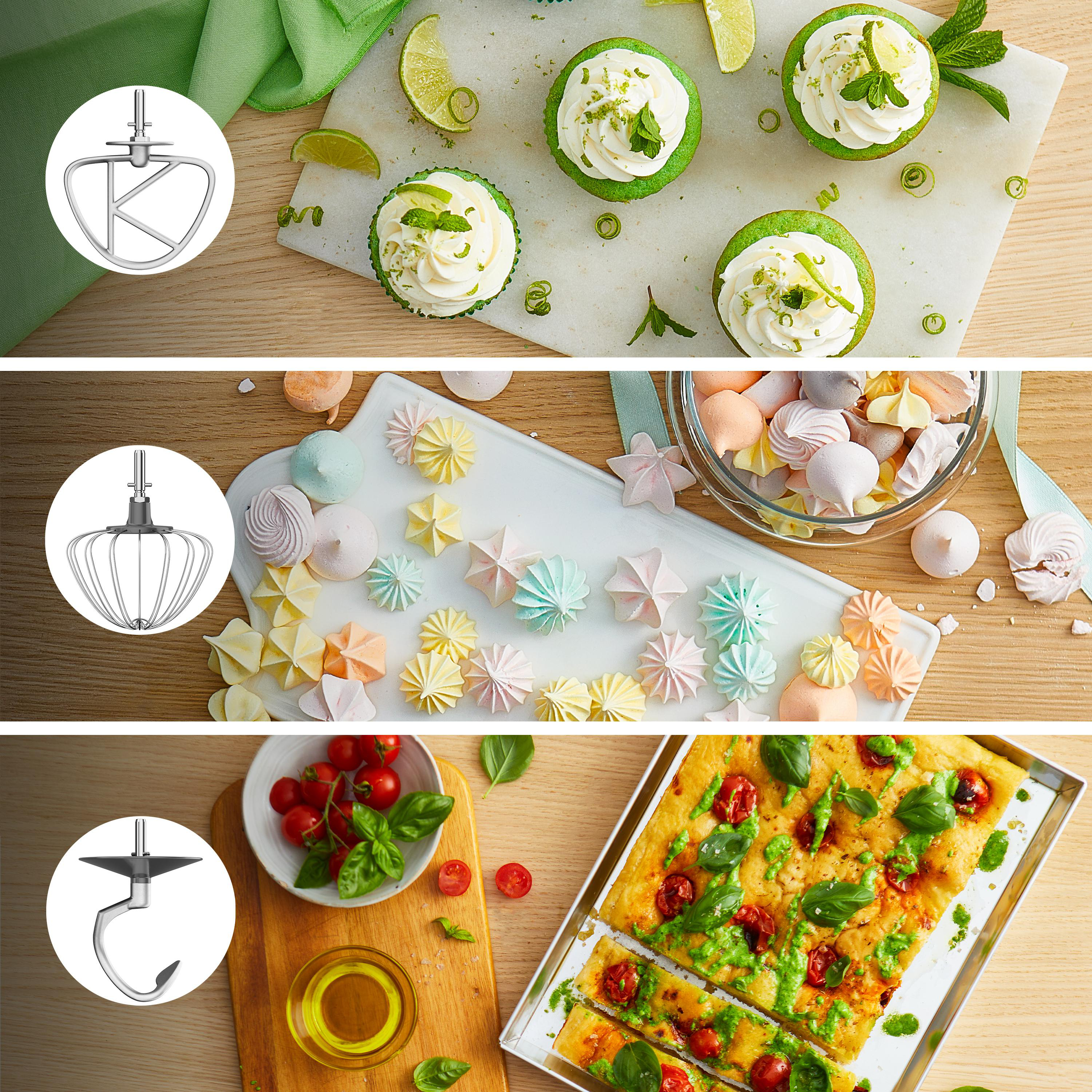 Nahaufnahmen von Küchenutensilien: Schneebesen, Mixer und Haken. Verschiedene Gerichte mit Speisen.