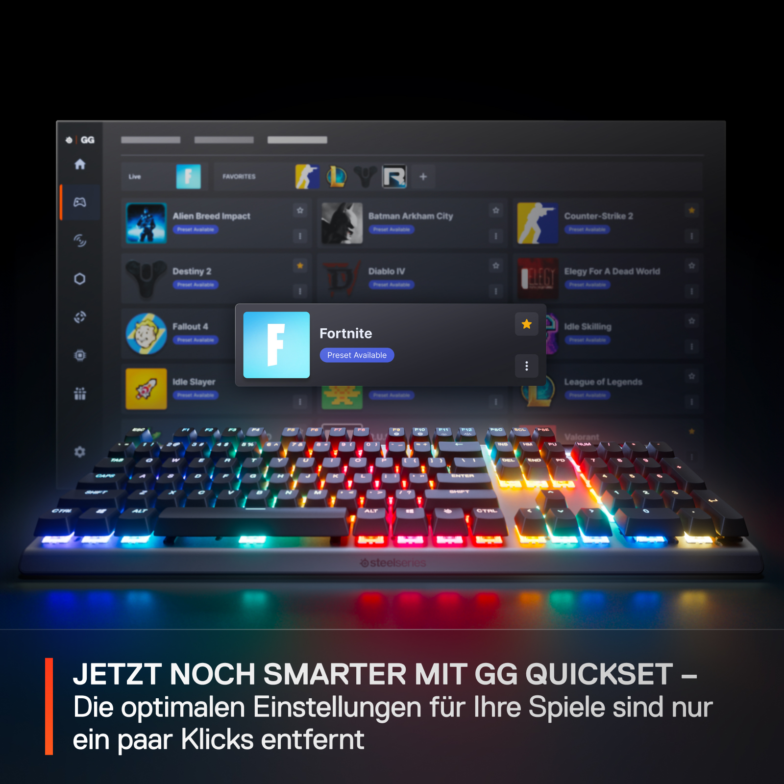 Eine Tastatur mit Lichtern und einem Bildschirm, der eine Spielauswahl anzeigt. Text: Werden Sie schlauer mit GG Quickset.