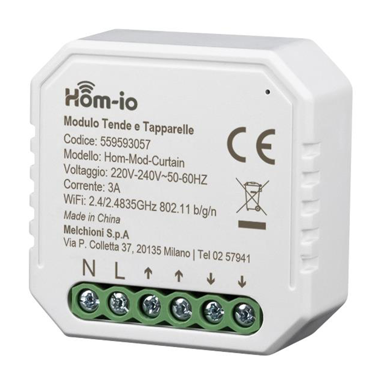 Dispositivo per la casa intelligente bianco con testo e marchio CE, su sfondo bianco.