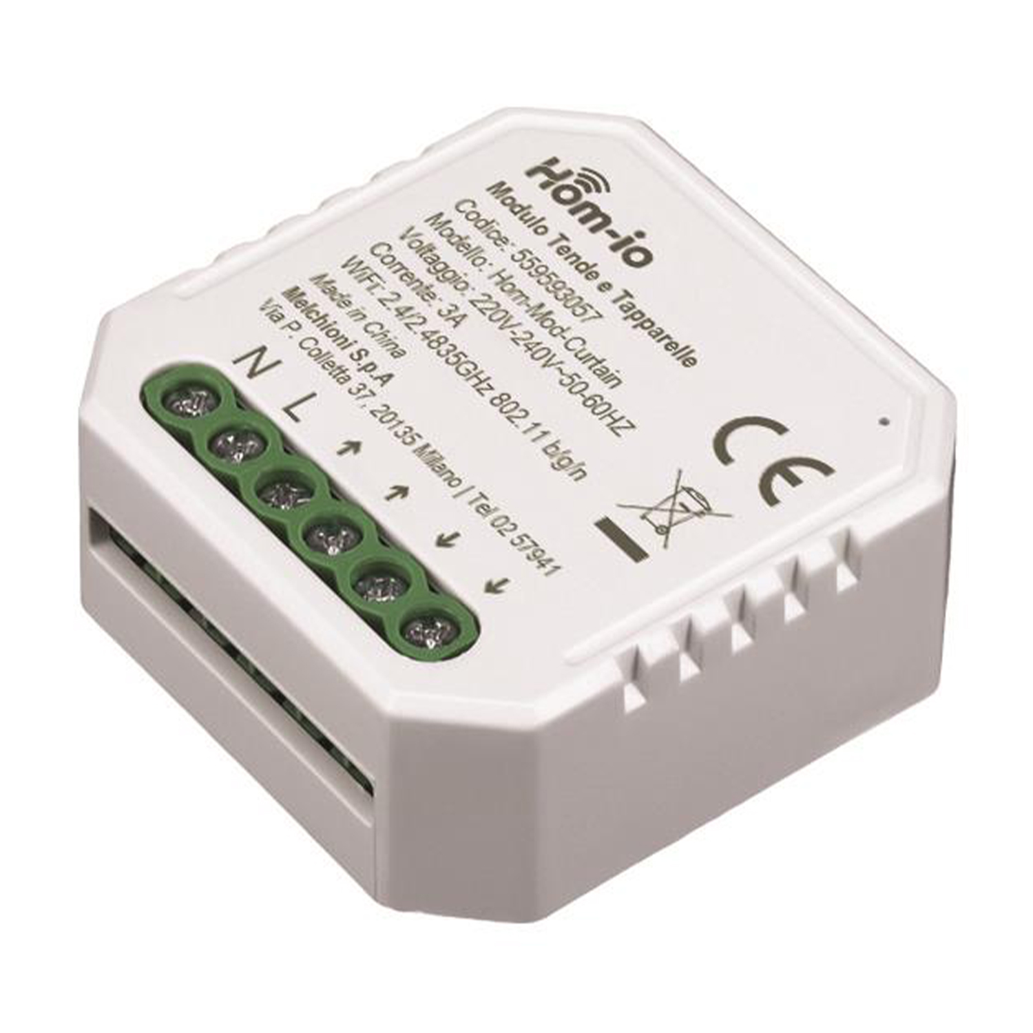 Modulo per la casa intelligente bianco con etichette. Testo in italiano. Sfondo bianco.