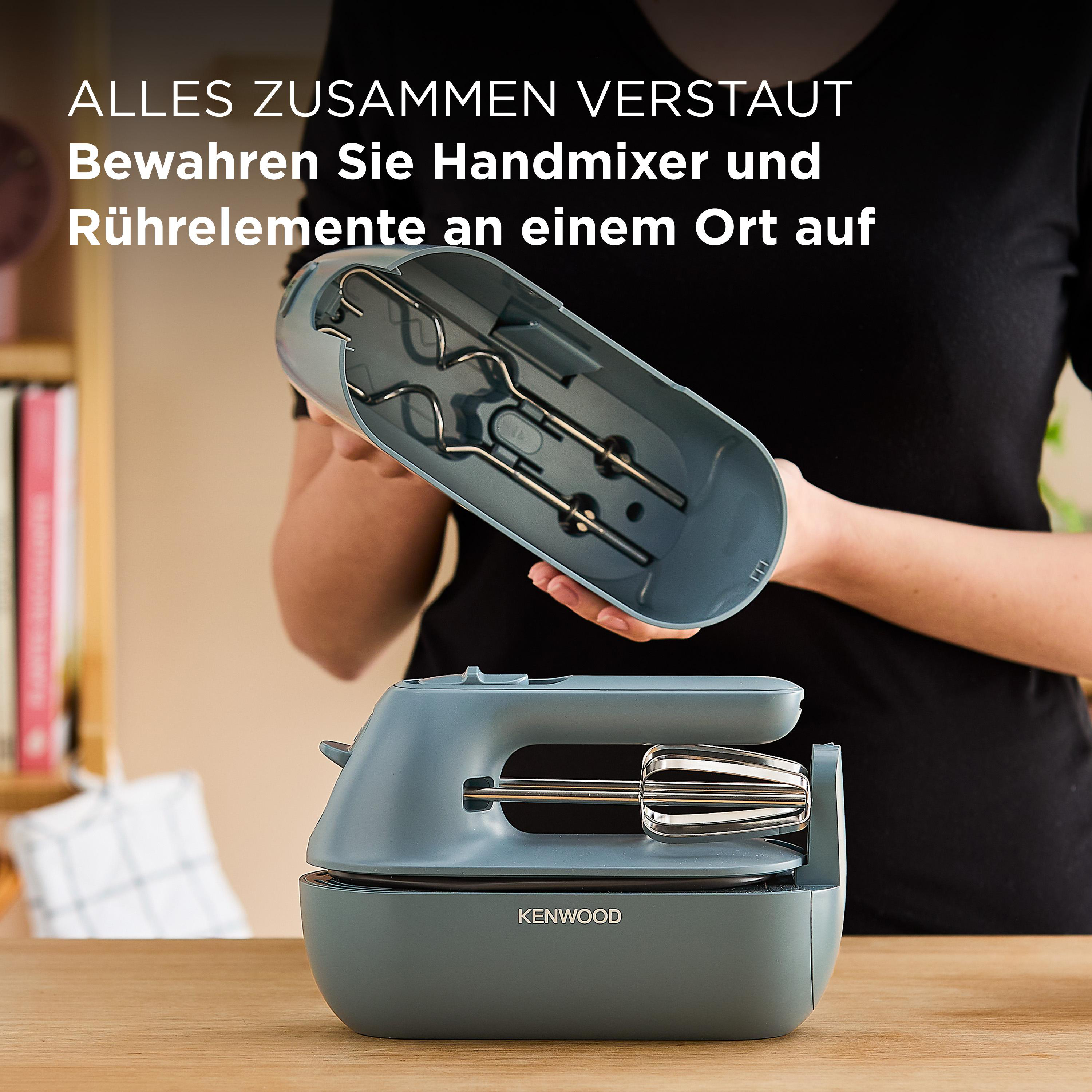 Handmixer und Zubehör, in einem Behälter, der das Produkt und seine Aufbewahrung zeigt.