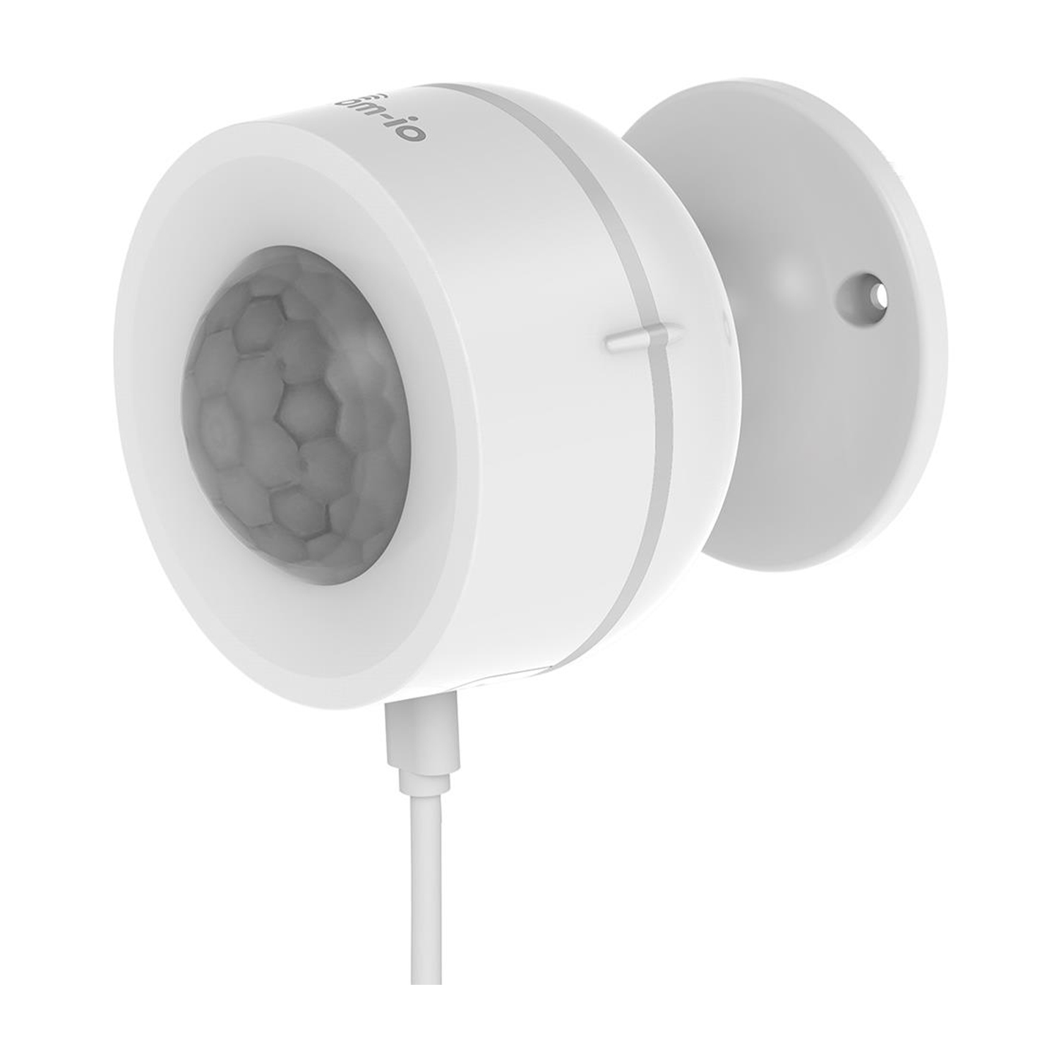 Sensore di movimento bianco e arrotondato con sensore grigio. Ha un cavo bianco e una base di montaggio.