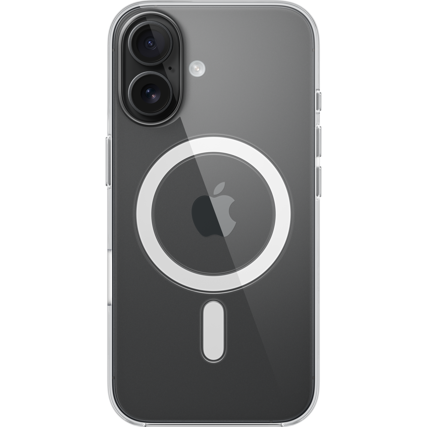 Transparante telefoonhoes met cameramodule en Apple logo. Zwarte achtergrond, witte cirkel.