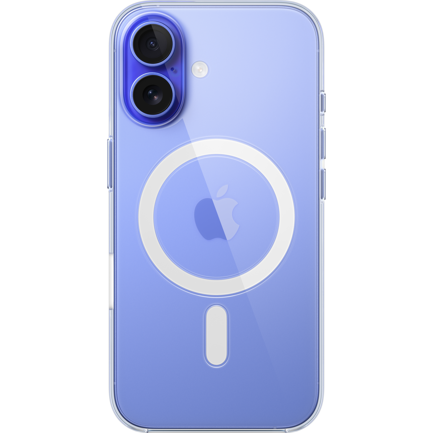 Een lichtblauwe telefoonhoes op een zwarte achtergrond. Het heeft twee cameralenzen, een Apple-logo en een witte MagSafe-ring.