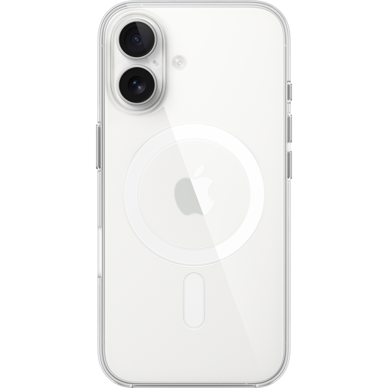 Transparante telefoonhoes met witte MagSafe-ring en Apple-logo op zwarte achtergrond.