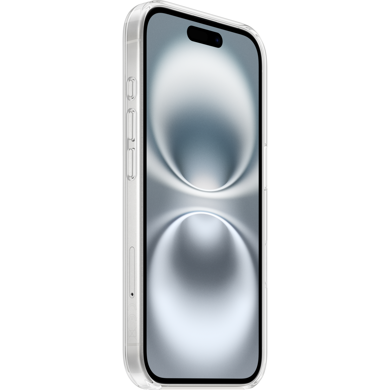 Een doorzichtige telefoonhoes met een telefoon erin, met de achterkant met camera en Apple-logo.
