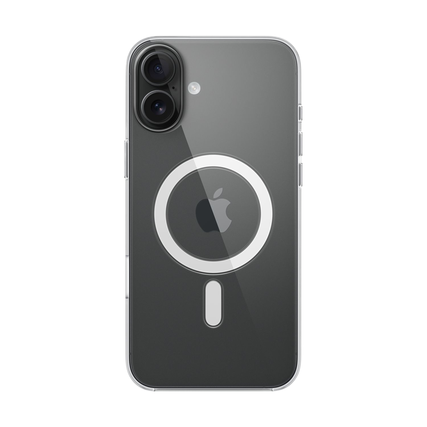 Transparante iPhone case met een witte MagSafe ring en Apple logo. De achtergrond is zwart.