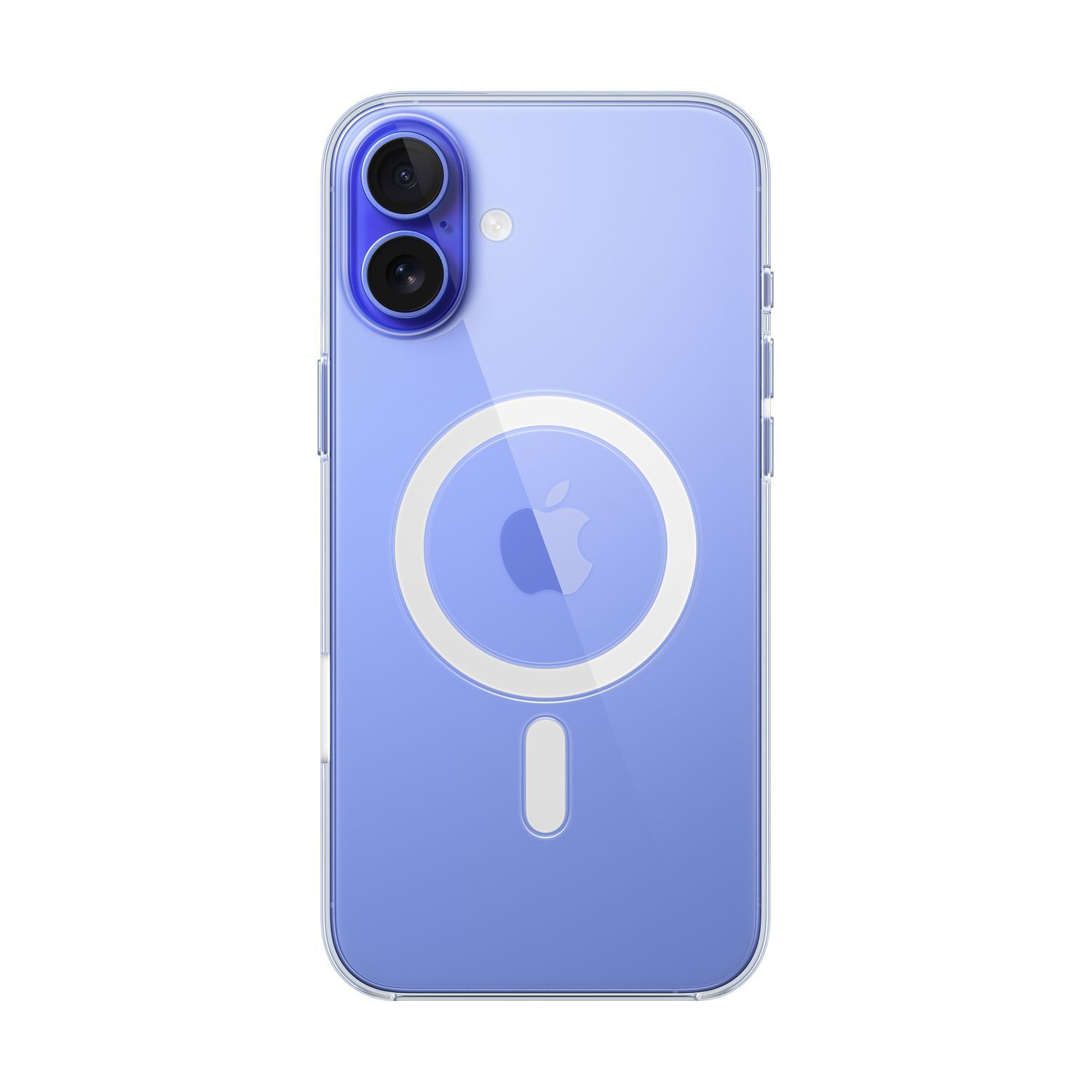 Blauwe telefoon in een doorzichtige hoes. De achterkant met camera en Apple-logo.