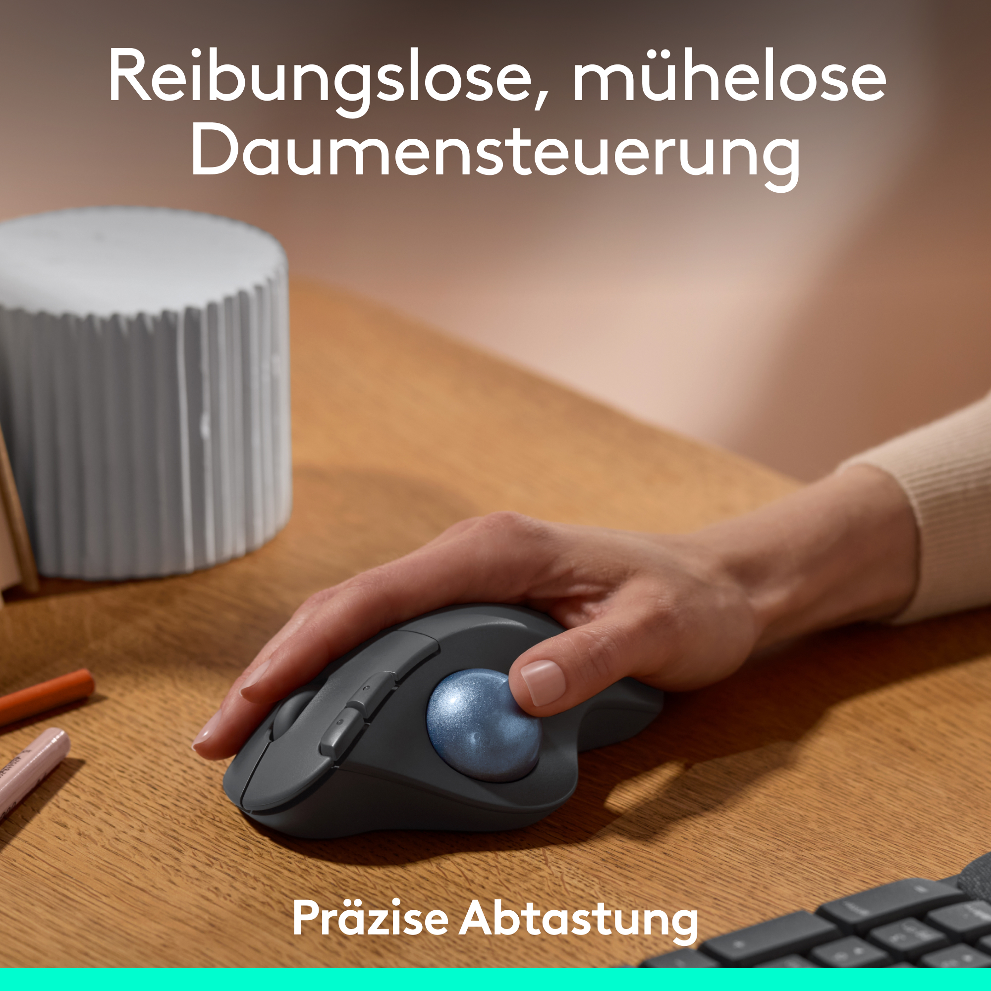 Eine Hand benutzt eine graue Trackball-Maus auf einem Holztisch, deutscher Text.