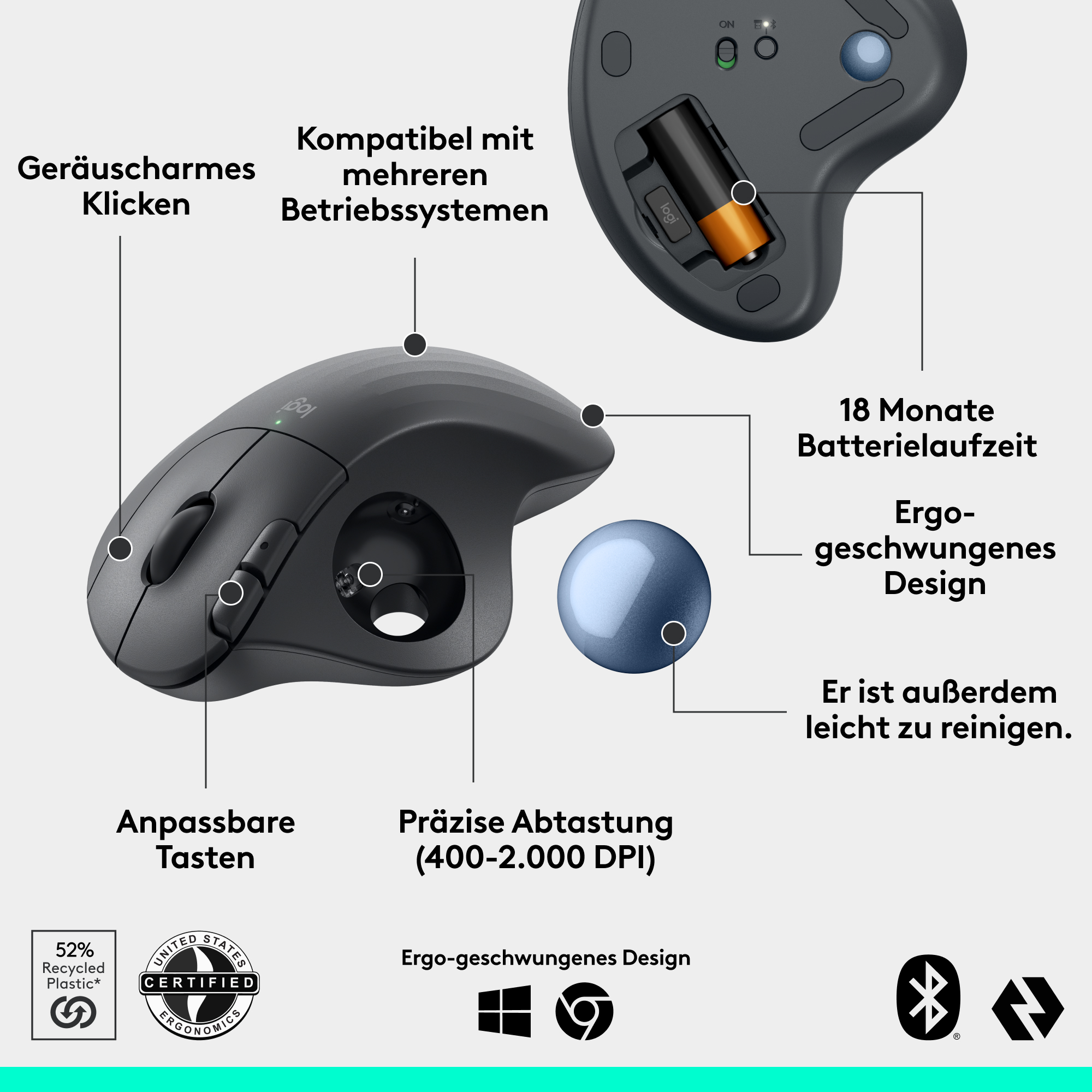 Eine schwarze ergonomische Maus mit mehreren Tasten und einer blauen Trackball. Text erklärt Funktionen.