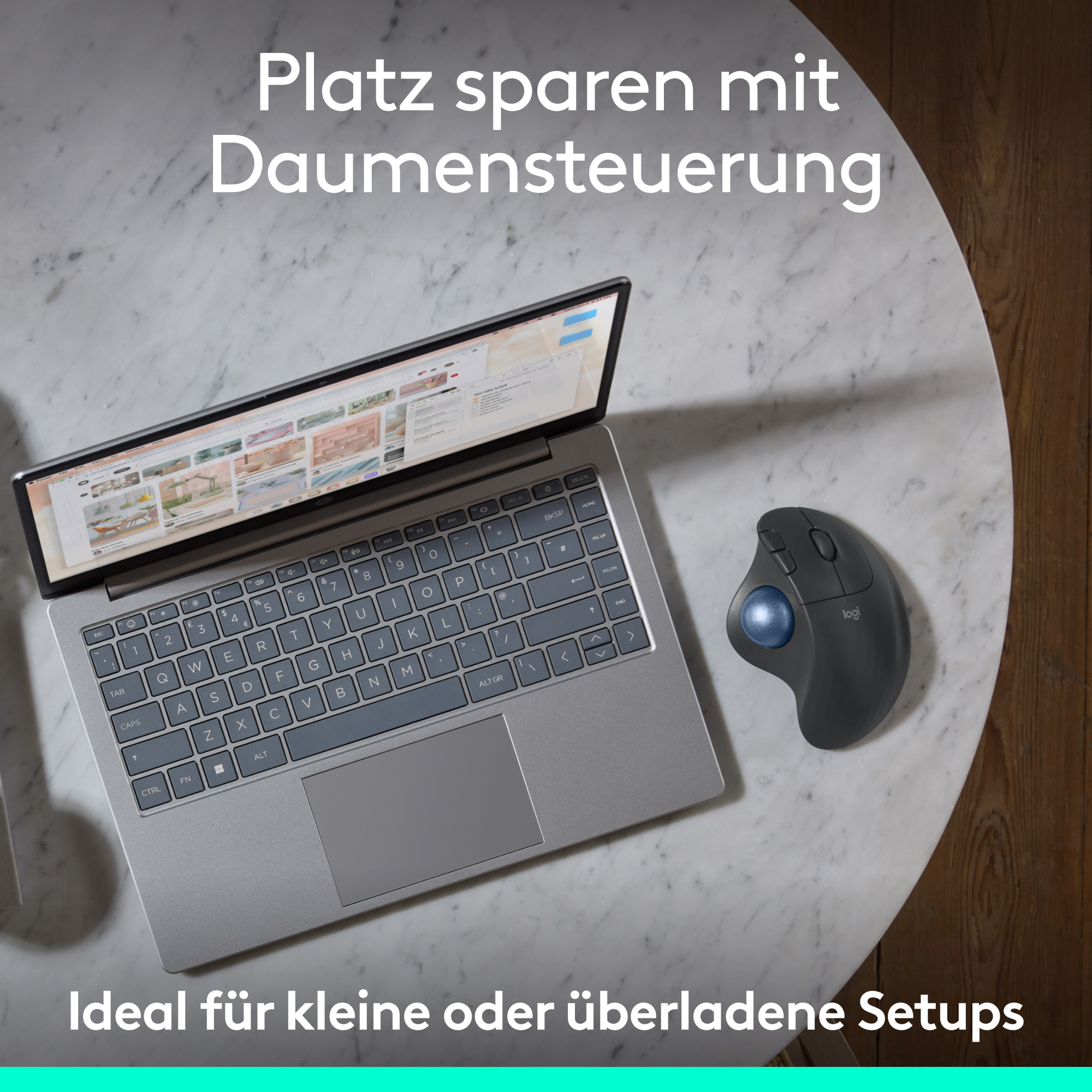 Laptop auf einem Tisch mit Maus. Text sagt 'Ideal für kleine oder überladene Setups'.