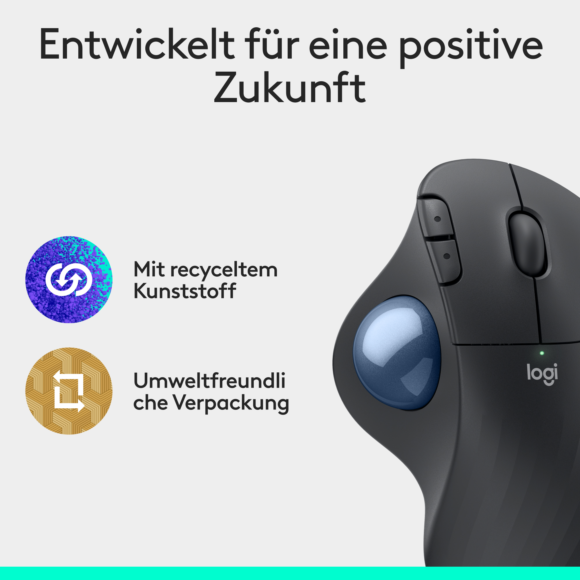 Schwarze Maus mit blauem Trackball, mit Text und Symbolen zum Thema Recycling und umweltfreundliche Verpackung.