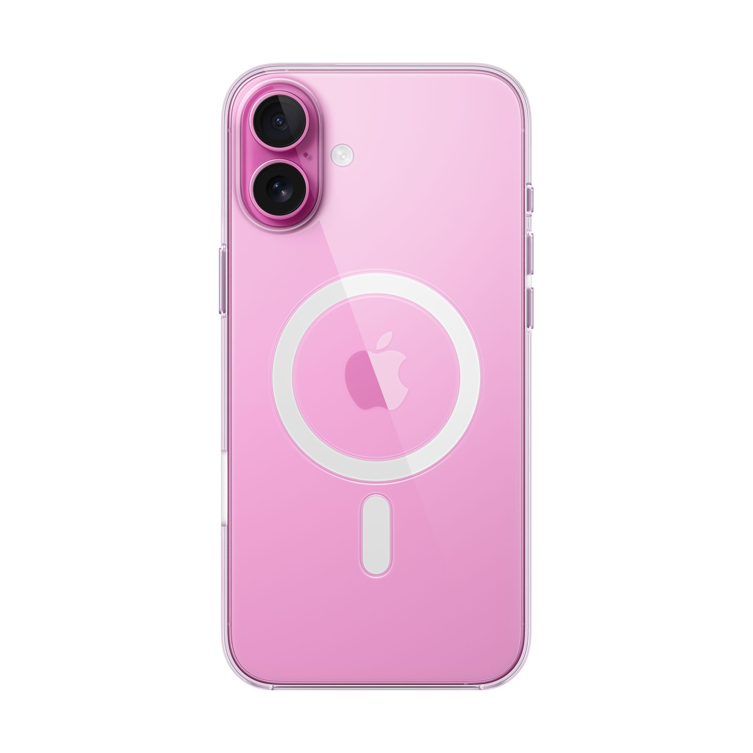 Pink phone with clear case. Two rear cameras, Apple logo on back, white background.