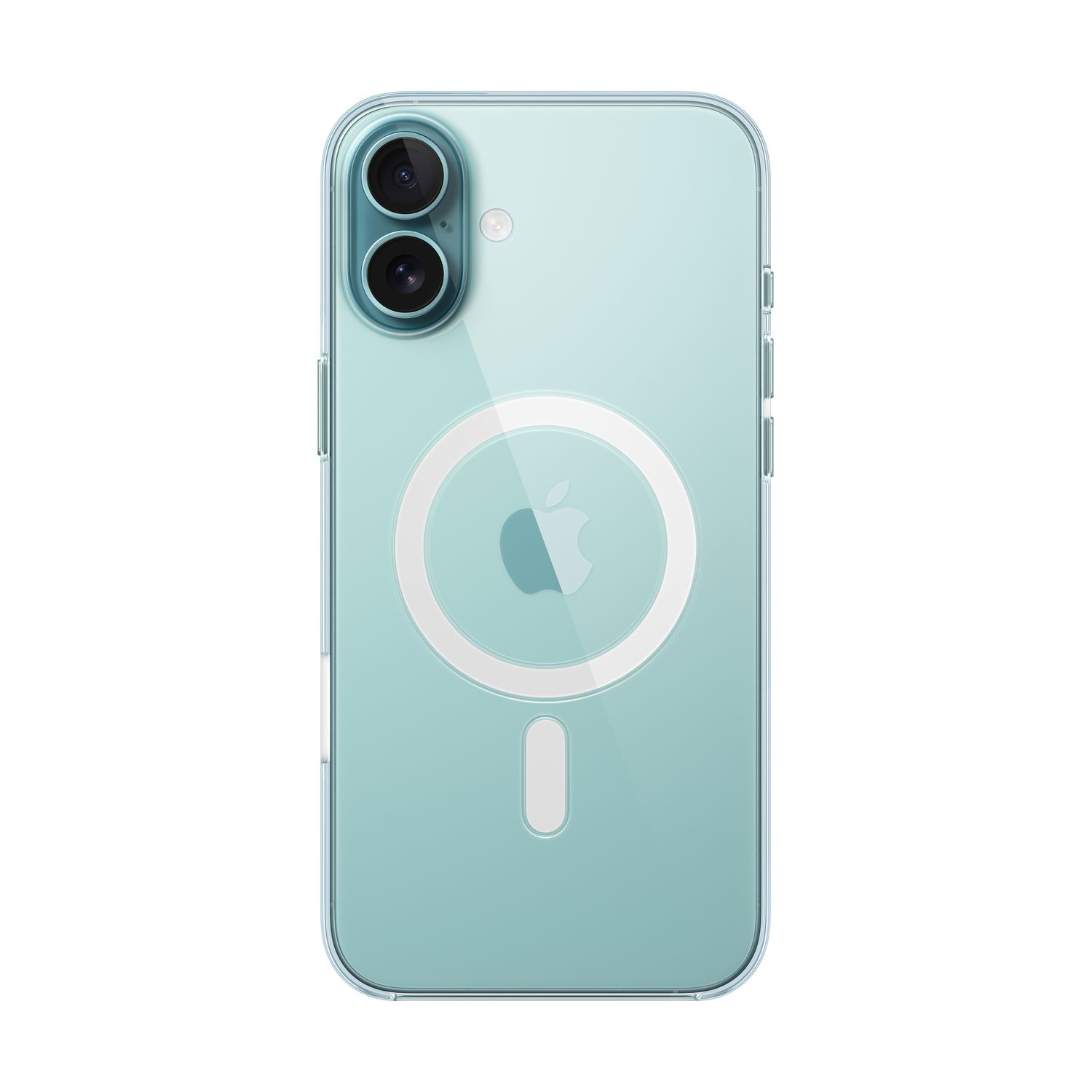 A light blue phone with a clear case, showing the apple logo and camera details.