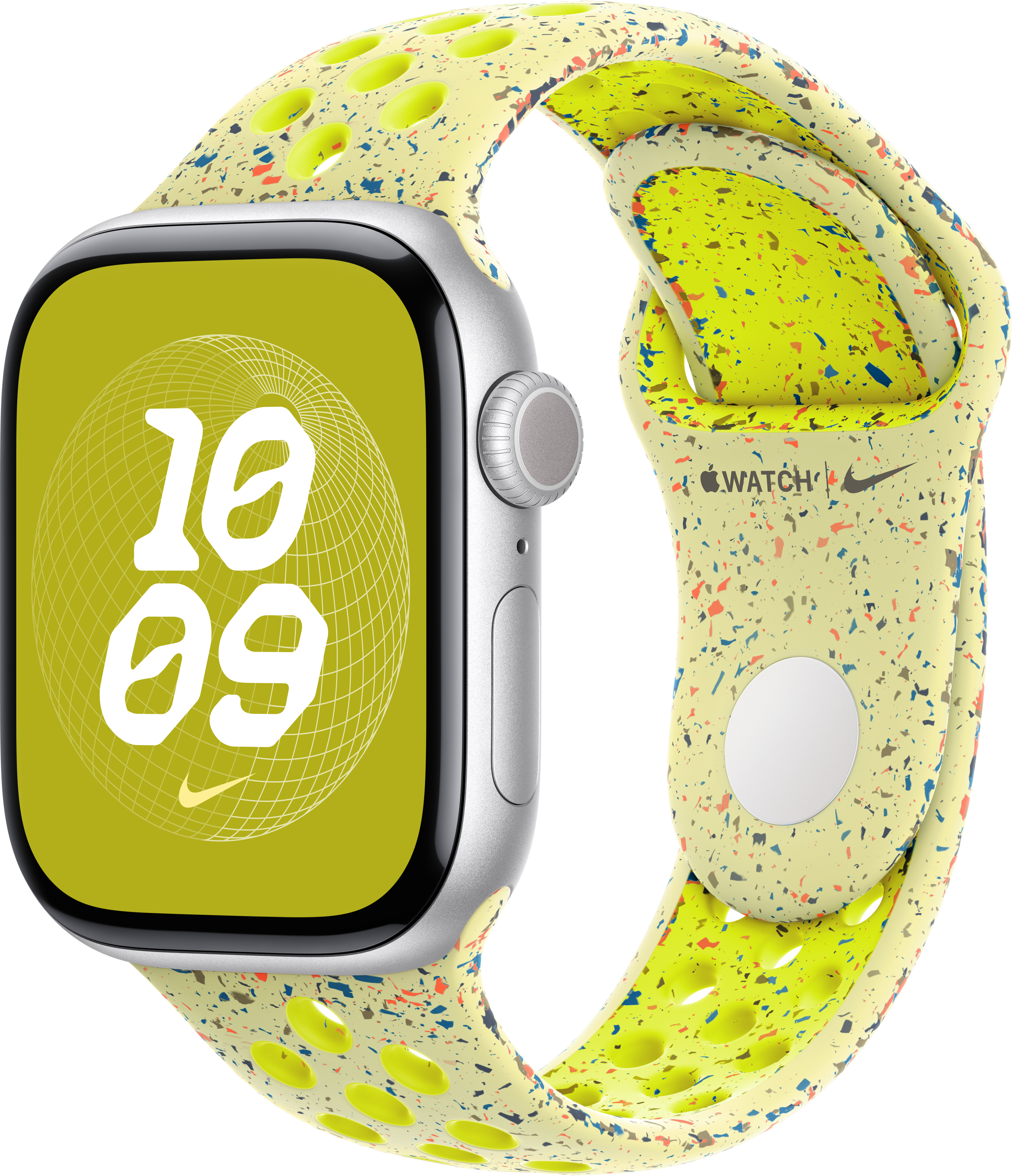 Apple Watch mit gelbem Nike-Armband, zeigt die Uhrzeit.