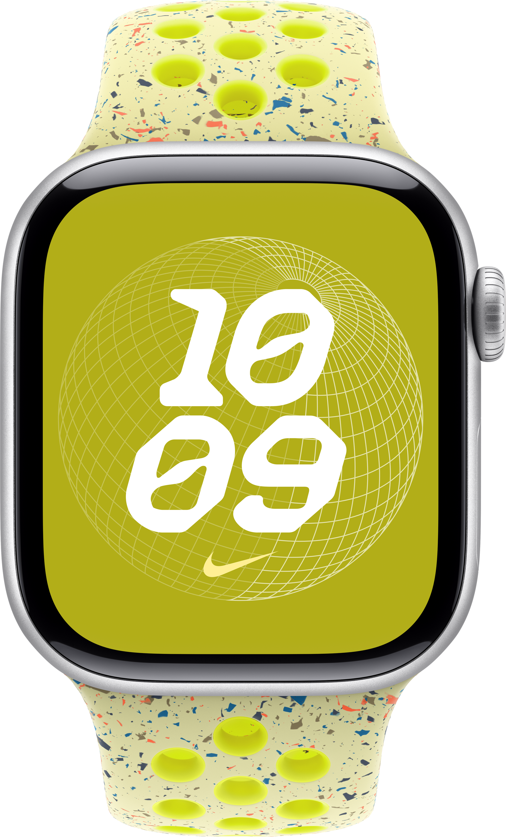 Apple Watch mit gelb-grünem Zifferblatt, das die Uhrzeit und das Nike-Logo anzeigt.