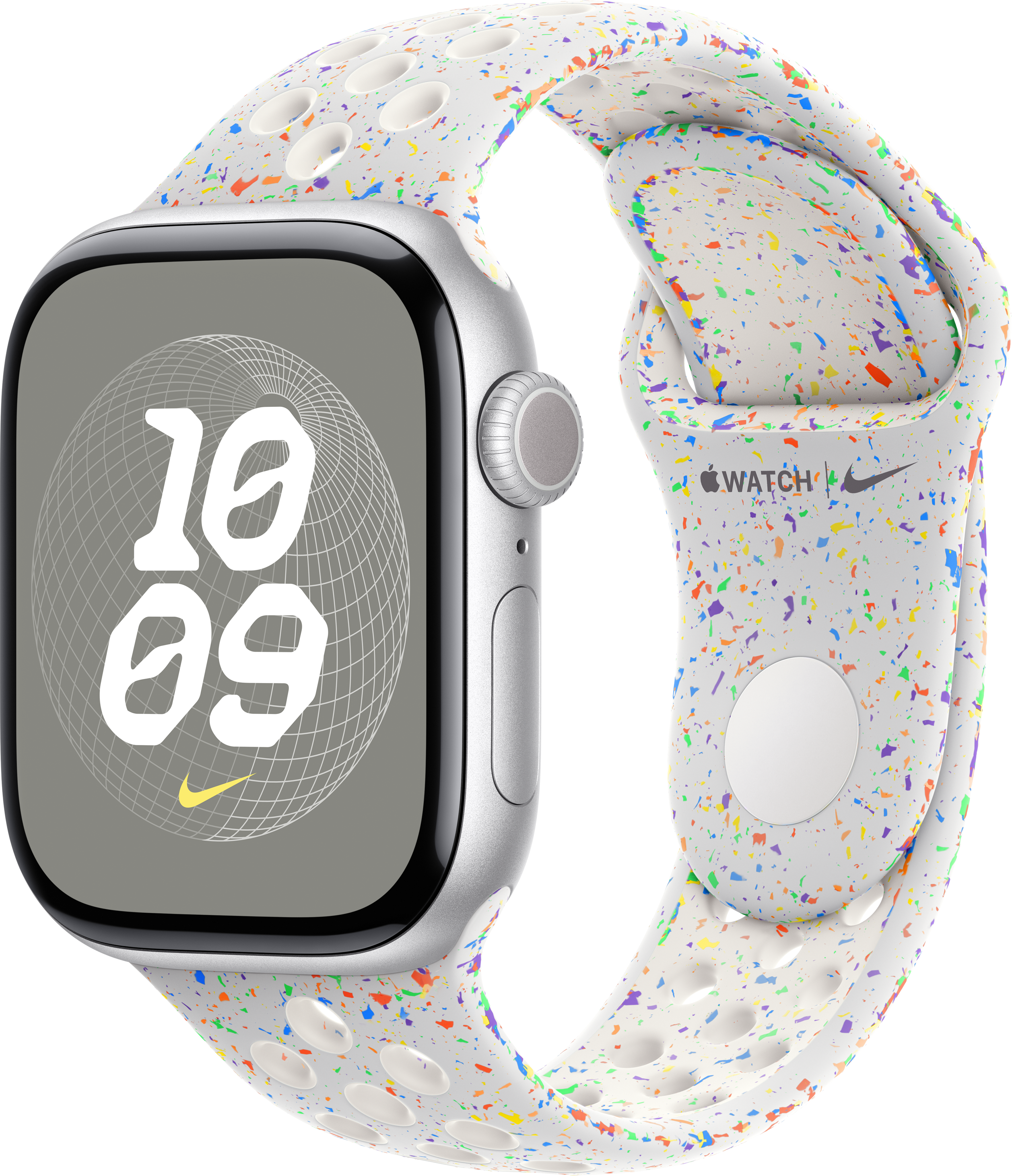 Eine silberne Smartwatch mit einem weißen Armband, das mit bunten Konfetti-ähnlichen Formen gemustert ist.