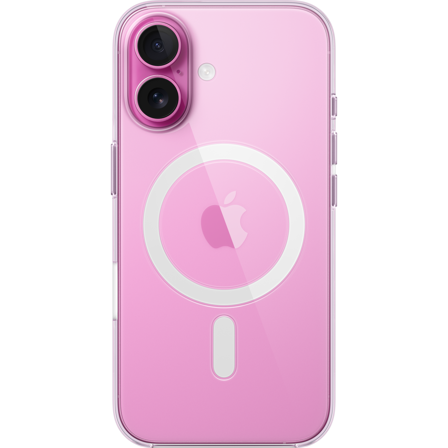 Pink phone case with camera cutouts, clear back with Apple logo and a white circle.