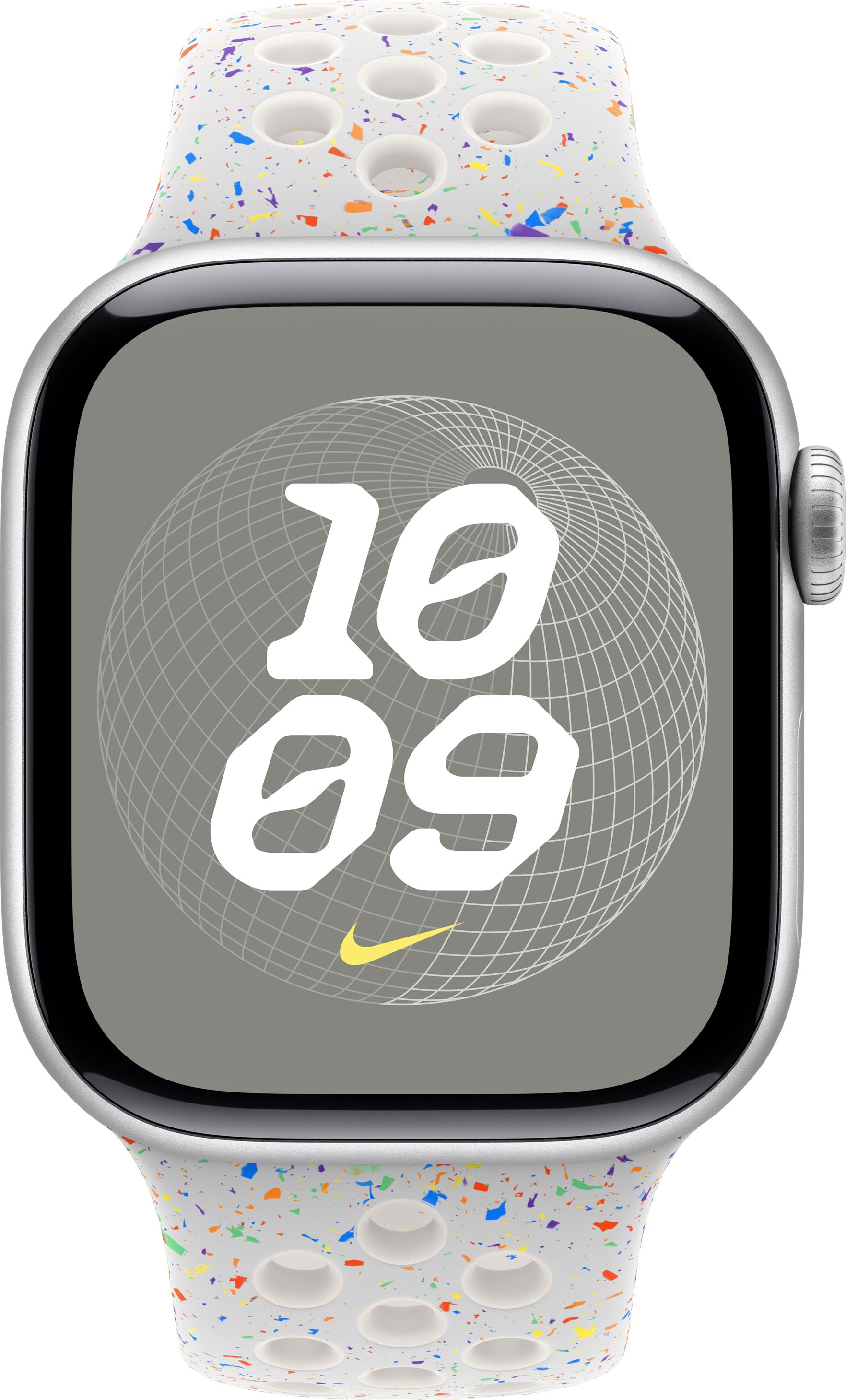 Apple Watch mit weißem Armband und bunten Tupfen, zeigt die Uhrzeit und eine Globusgrafik. Schwarzer Hintergrund.