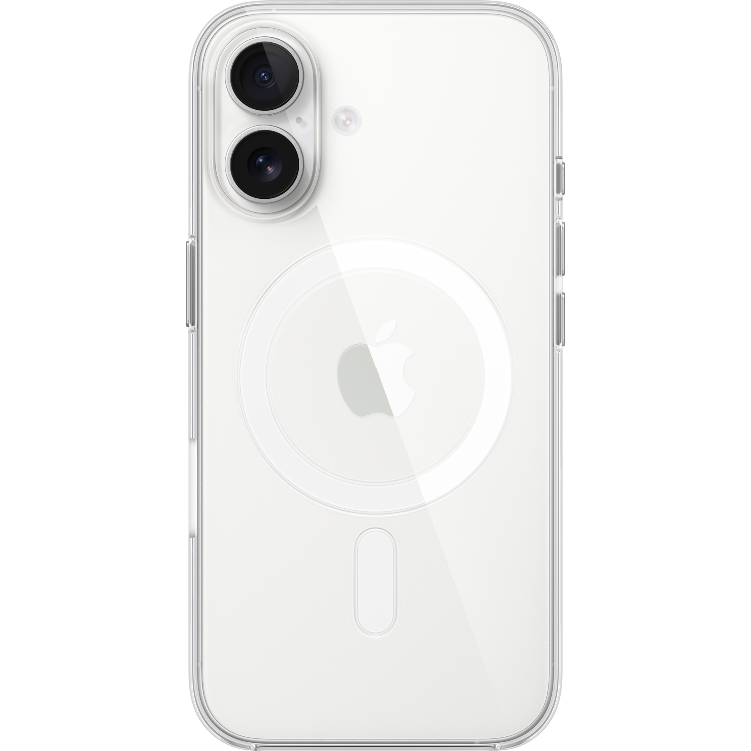 Clear phone case with a white circle and a white oval on the back.