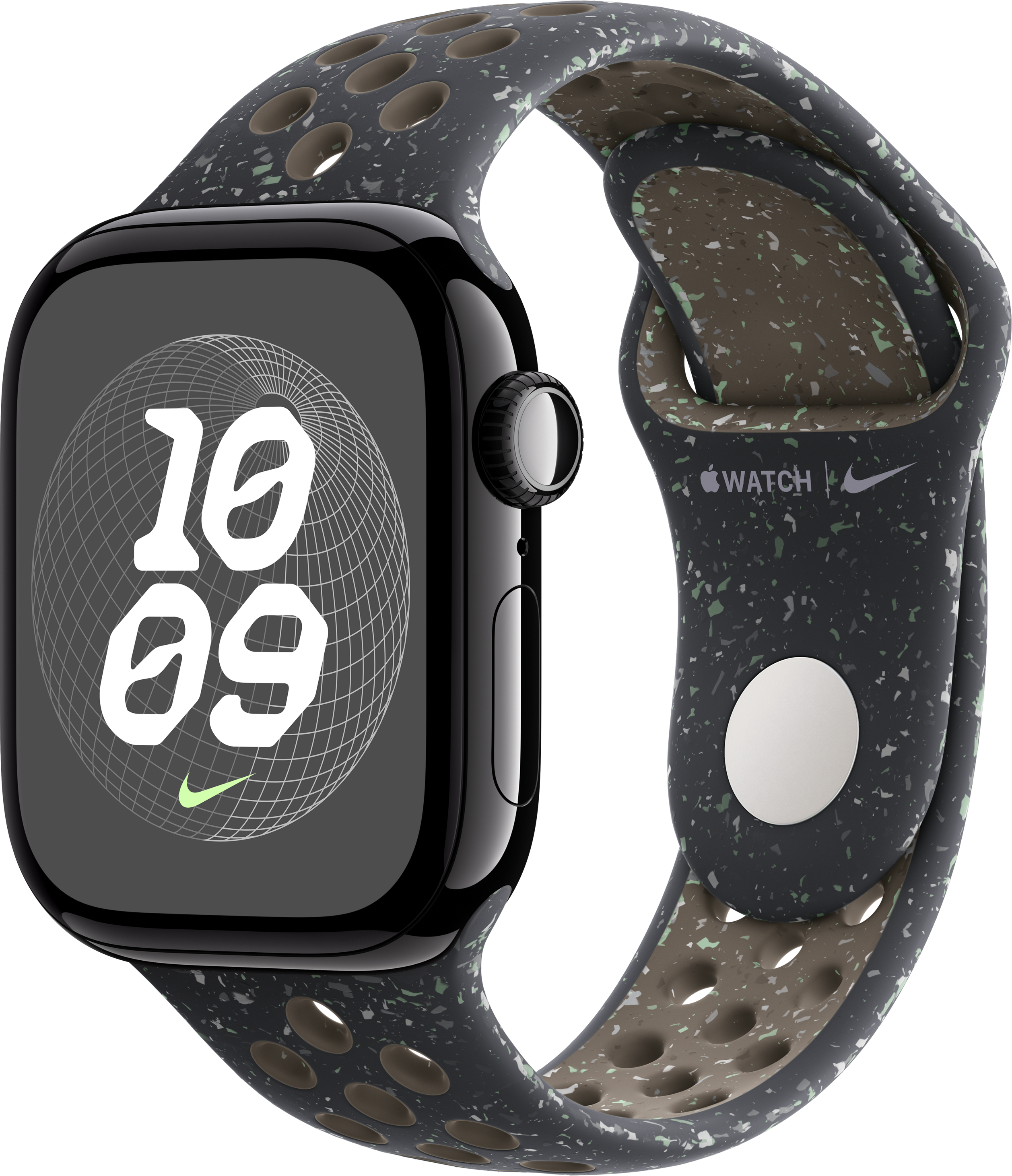 Schwarze Apple Watch mit gesprenkeltem Armband, das 10:09 anzeigt. Nike-Logo ist sichtbar. Das Band hat Löcher.