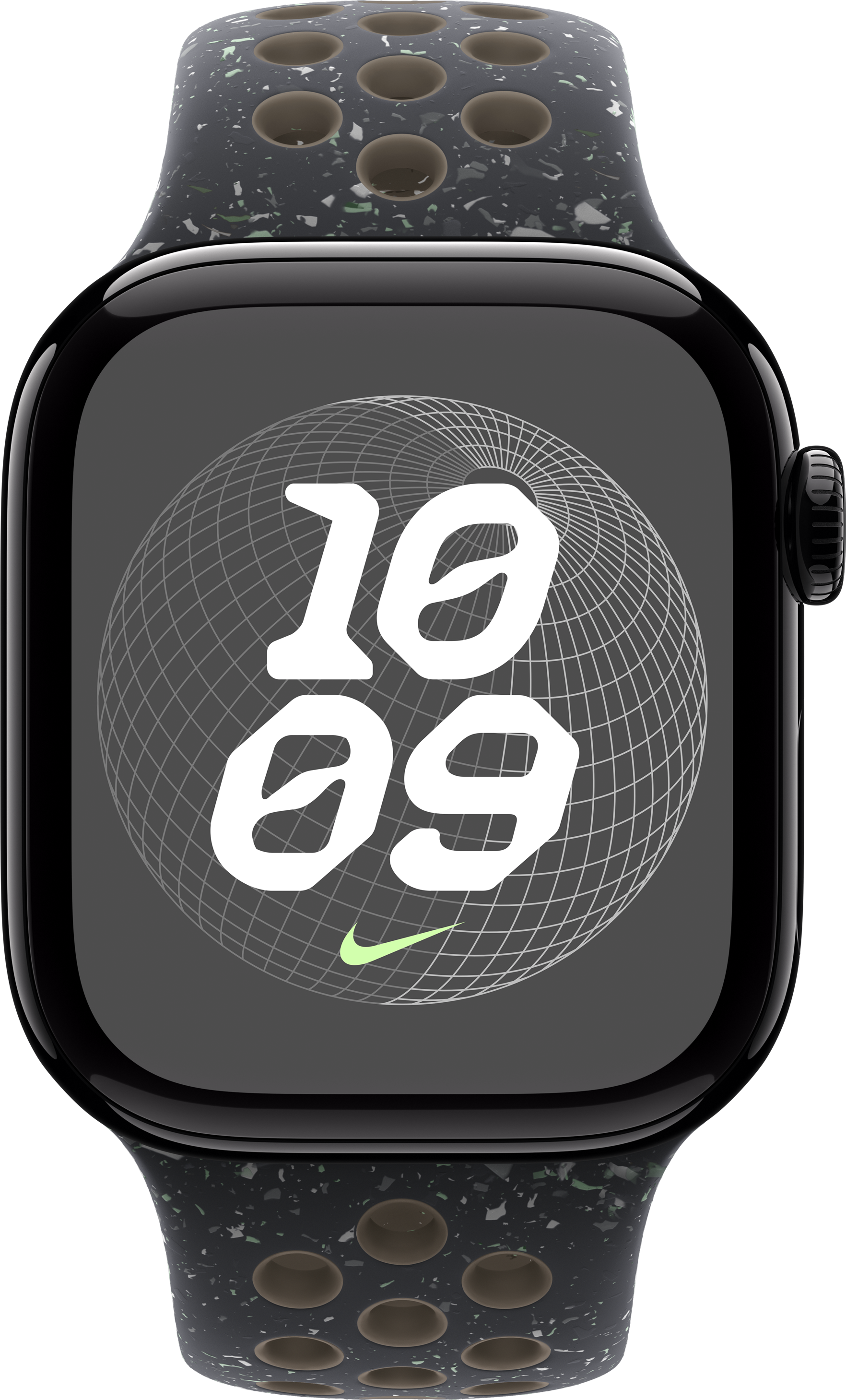 Schwarze Apple Watch mit gesprenkeltem Armband, zeigt die Zeit 10:09 mit Globus-Design.
