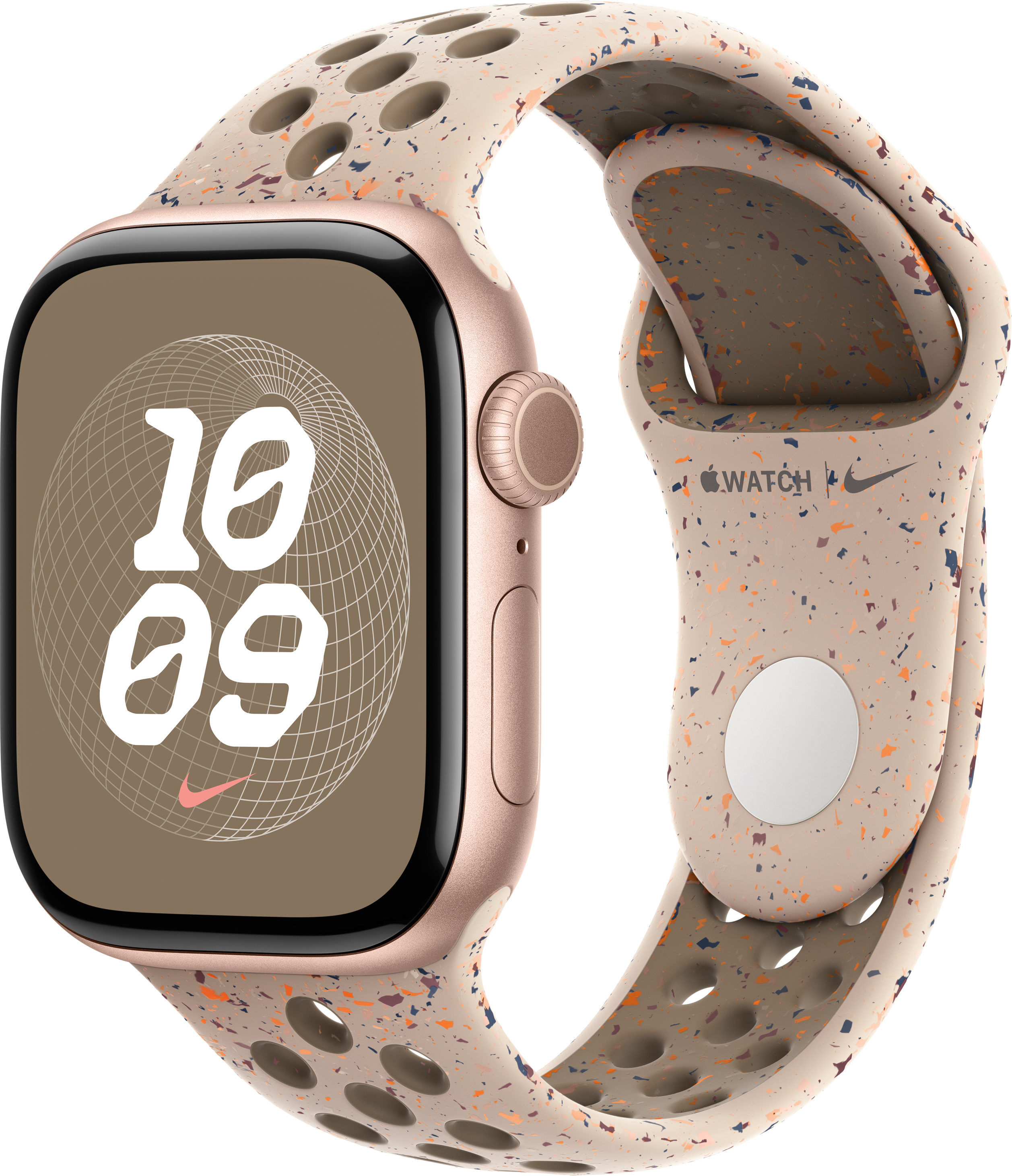 Apple Watch mit beige gesprenkeltem Armband, zeigt die Uhrzeit 10:09 und Nike-Logo auf dem Bildschirm.