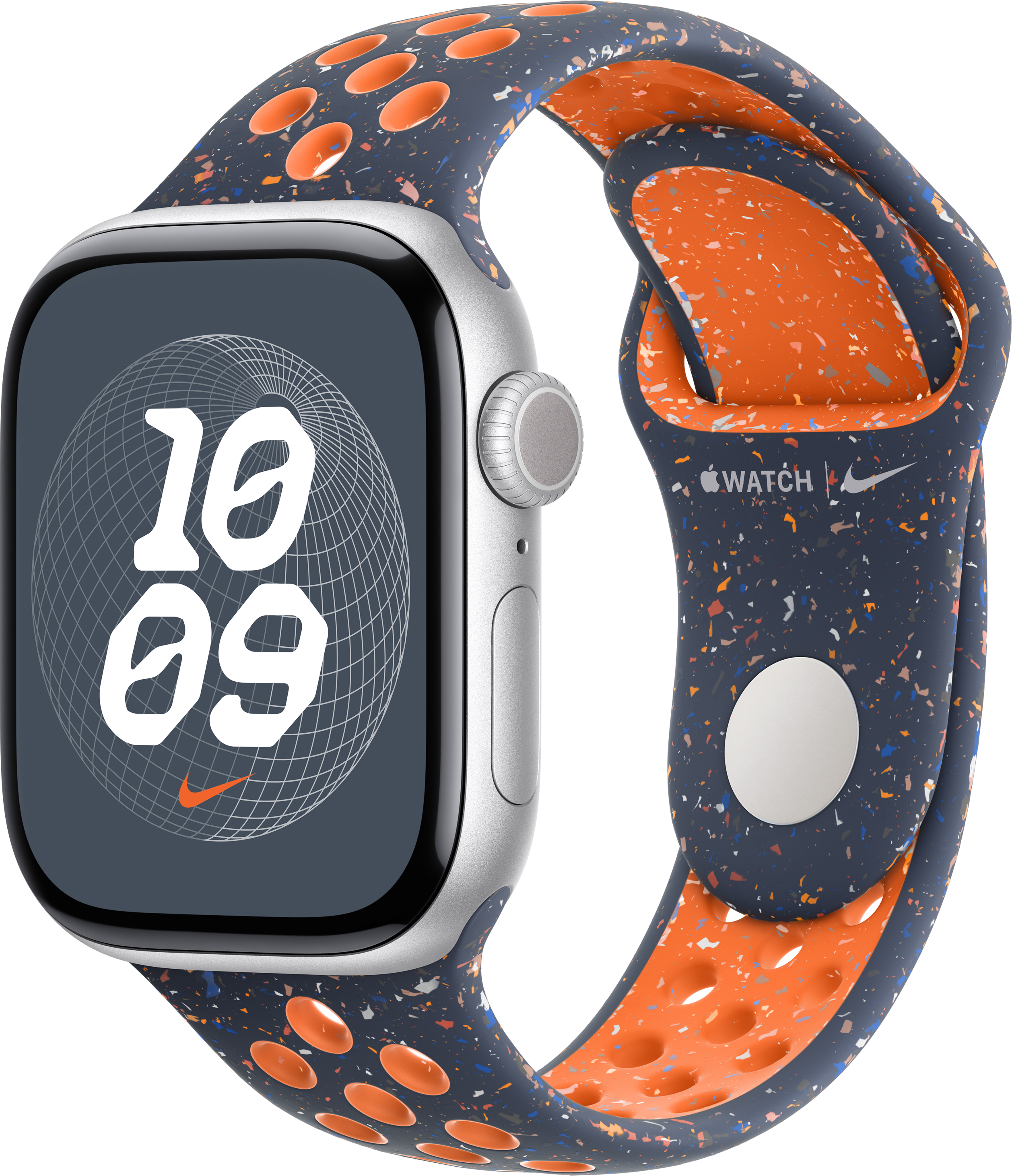 Apple Watch mit silbernem Gehäuse und blau-orangenem Band. Der Bildschirm zeigt die Uhrzeit.