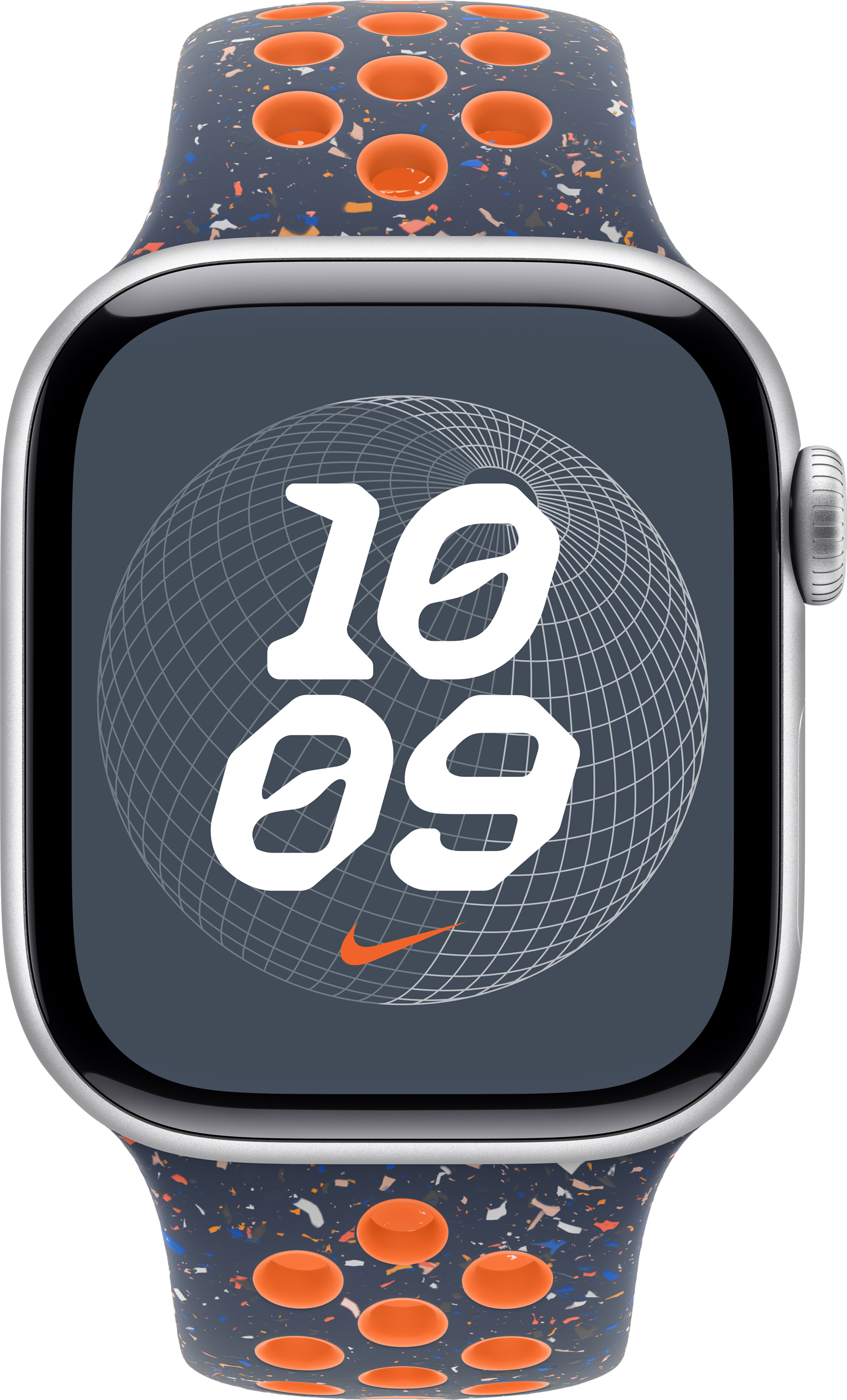 Apple Watch mit blauem Armband und orangefarbenen Punkten, zeigt Zeit an.