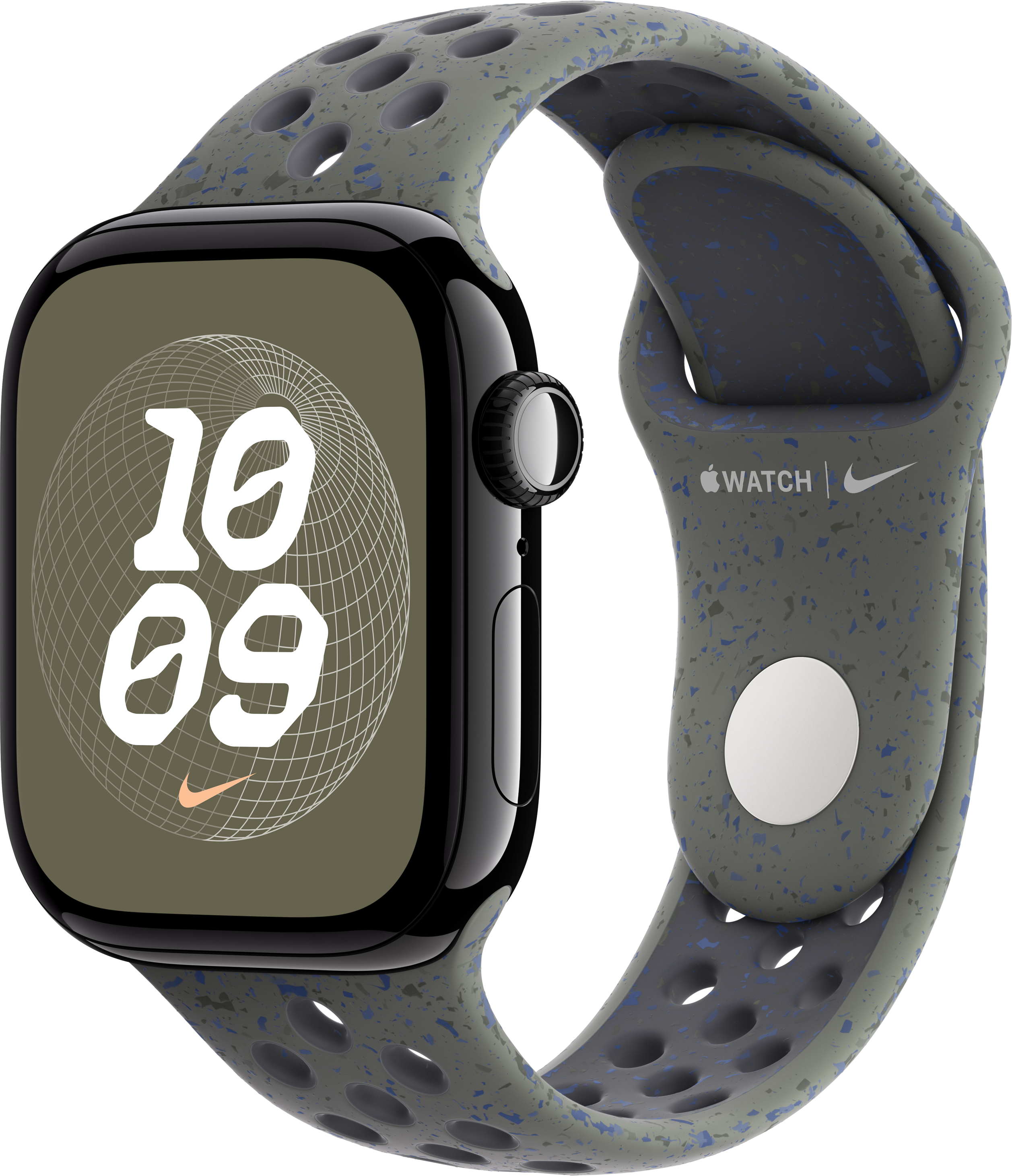 Schwarze Apple Watch mit grün-blauem Nike-Band. Uhr zeigt Zeit und Nike-Logo.