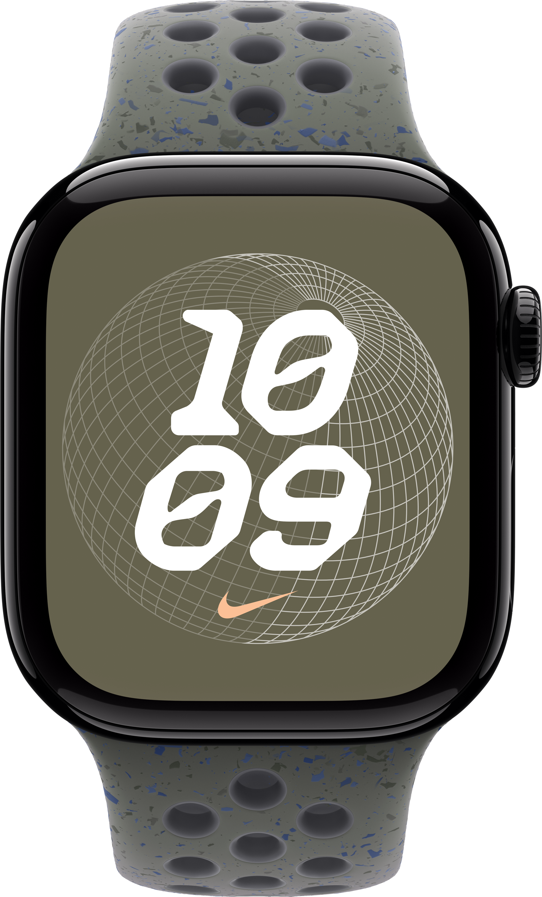 Schwarze Apple Watch mit olivgrünem Armband, zeigt 10:09 auf einem weißen Gitter an.
