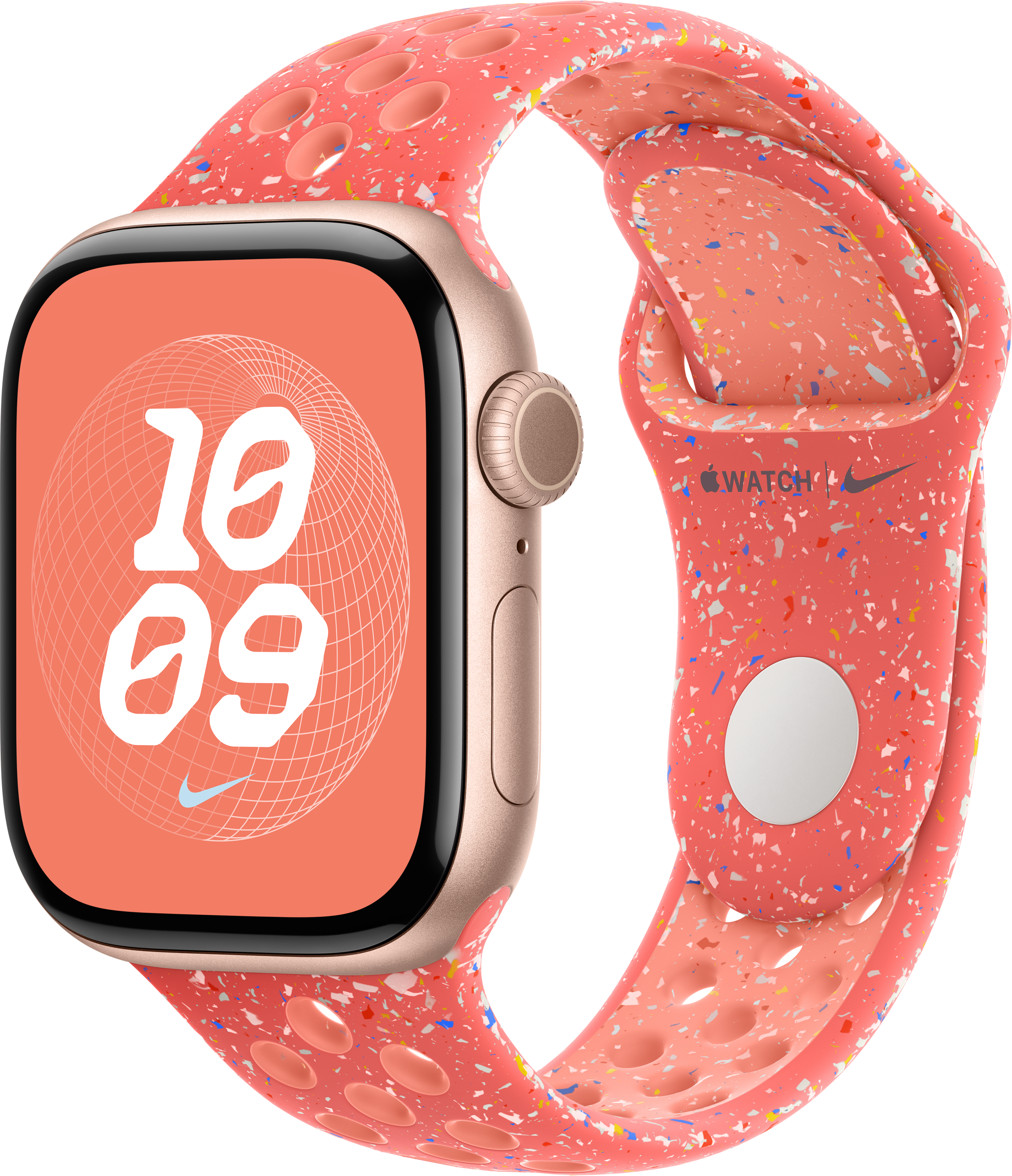 Apple Watch mit korallenfarbenem Armband und Anzeige der Uhrzeit 10:09.