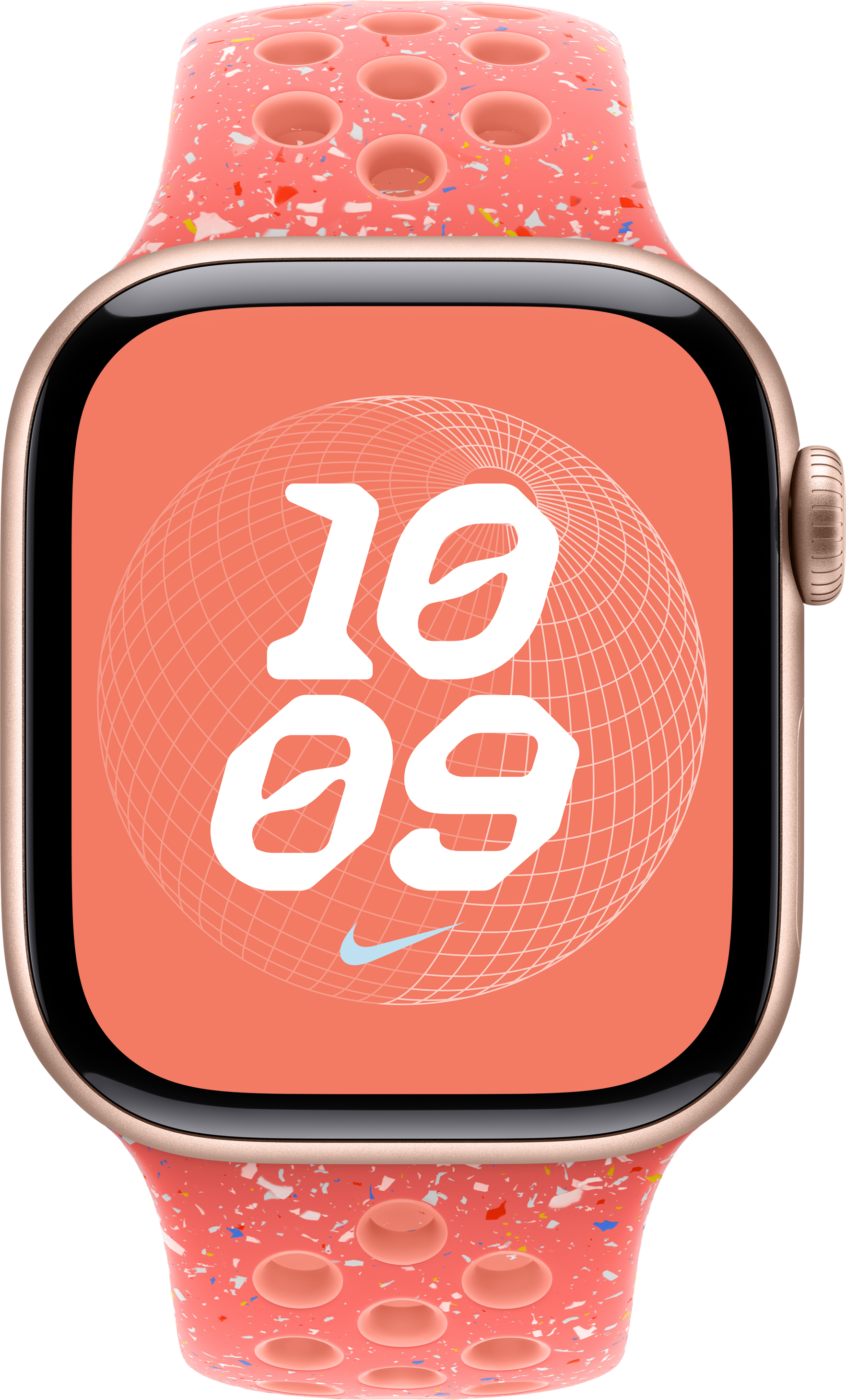 Eine Apple Watch mit einem rosa-weiß gesprenkelten Armband, die eine Digitaluhr anzeigt.