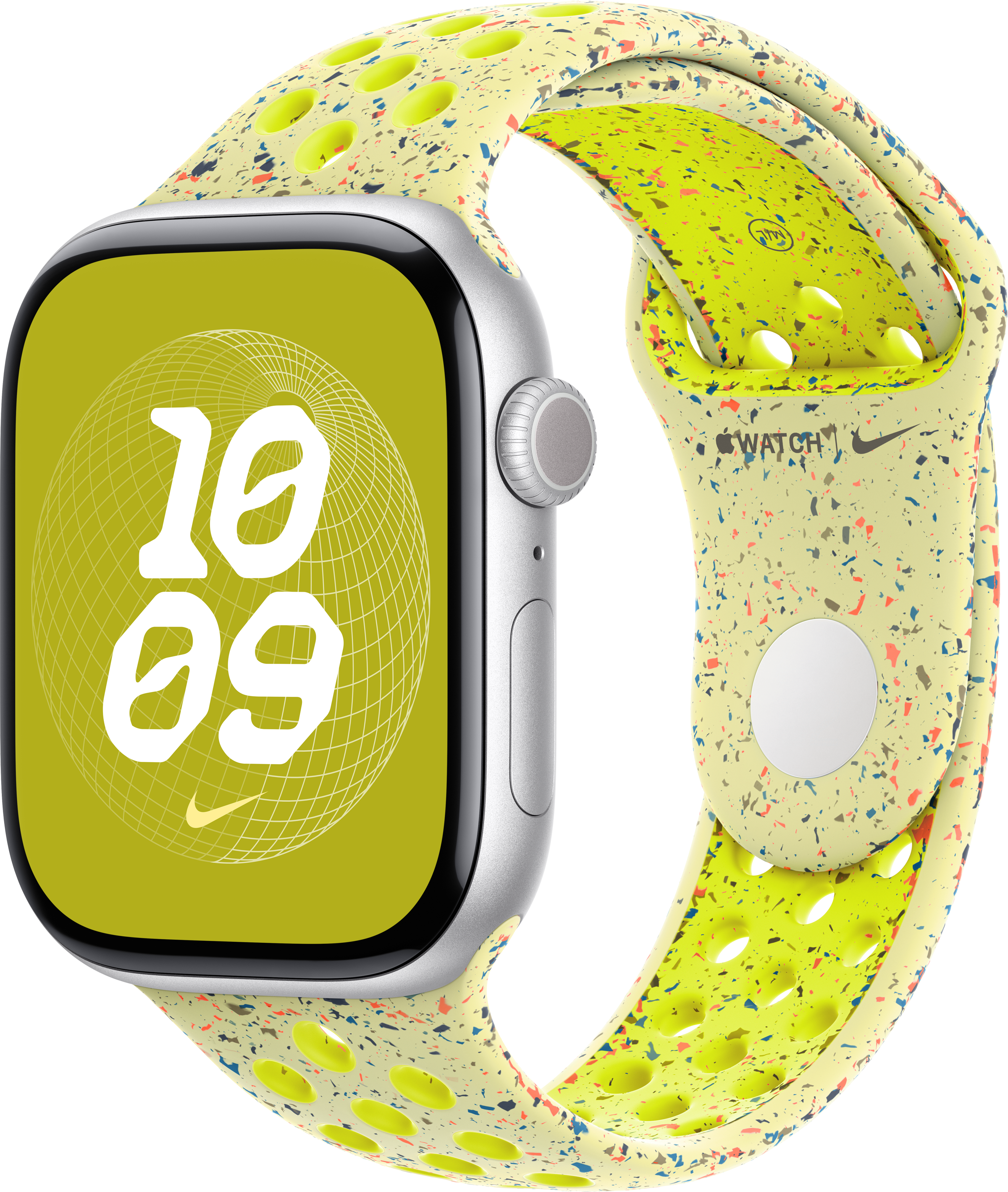 Silberne Apple Watch mit gelbem Nike-Armband, mit Globus-Hintergrund und der Uhrzeit.