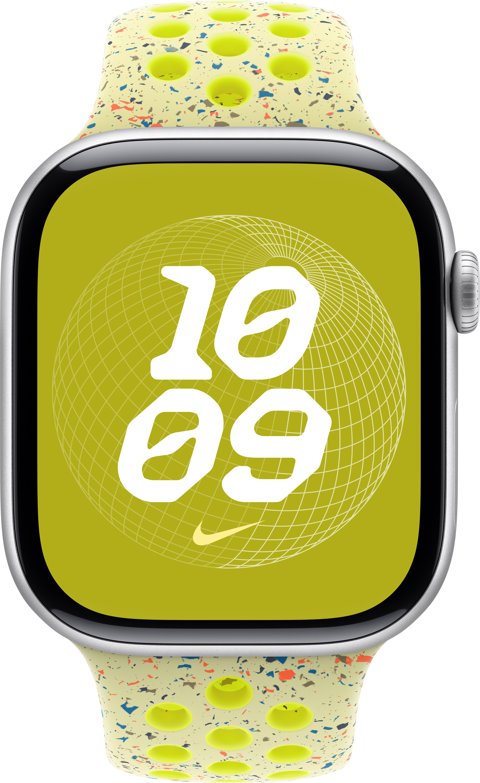Apple Watch mit gelbem Armband, zeigt die Uhrzeit. Das Zifferblatt zeigt 10:09 und ein Nike-Logo.