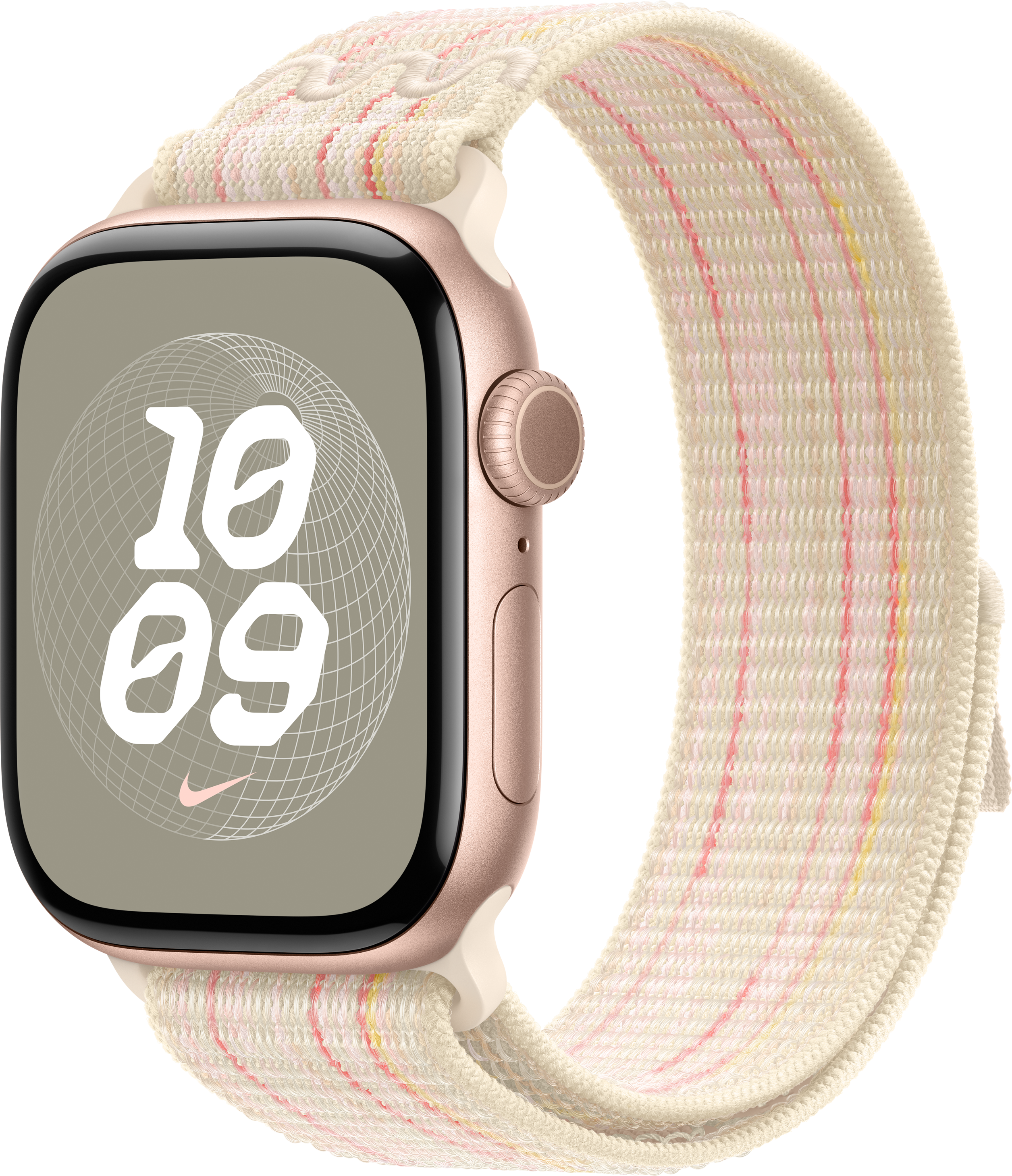 Roségoldene Apple Watch mit gestreiftem rosa, gelben und weißen Armband. Die Uhrzeit ist 10:09.