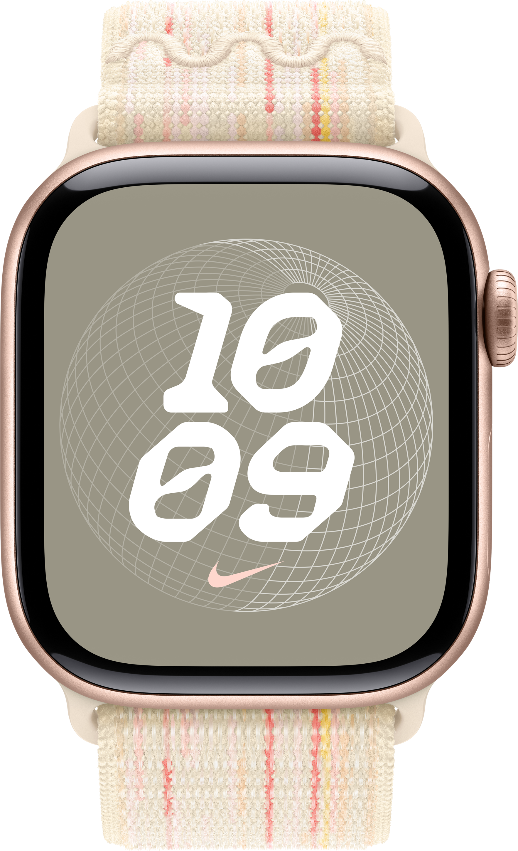Apple Watch mit beigem und farbigem Band, zeigt Zifferblatt mit Uhrzeit und Globus-Design.